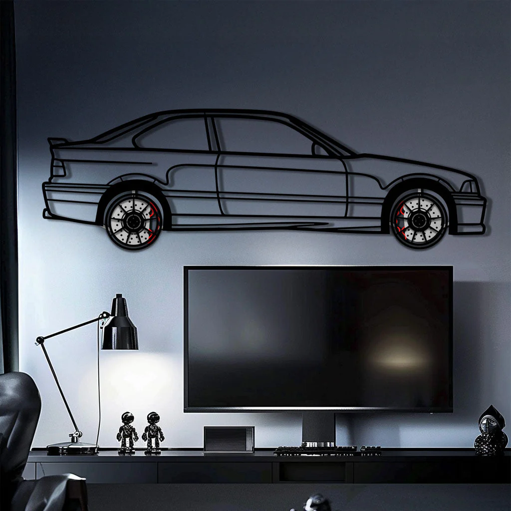 BMW E36 M3 Metal Car Wall Art with Rotating Wheels - 90s Performance Legend Silhouette - Interactive Automotive Wall Decor - KAFMEKA101 - Image 2
