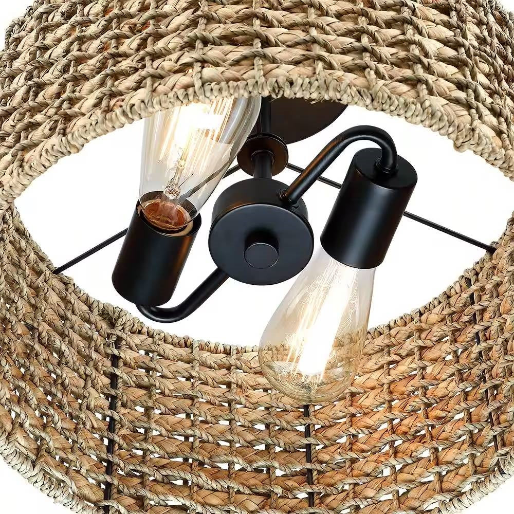 Bohemian 13.6-inch Round Rattan Drum 2-Light Ceiling Light - Semi-Flush Mount - Image 4
