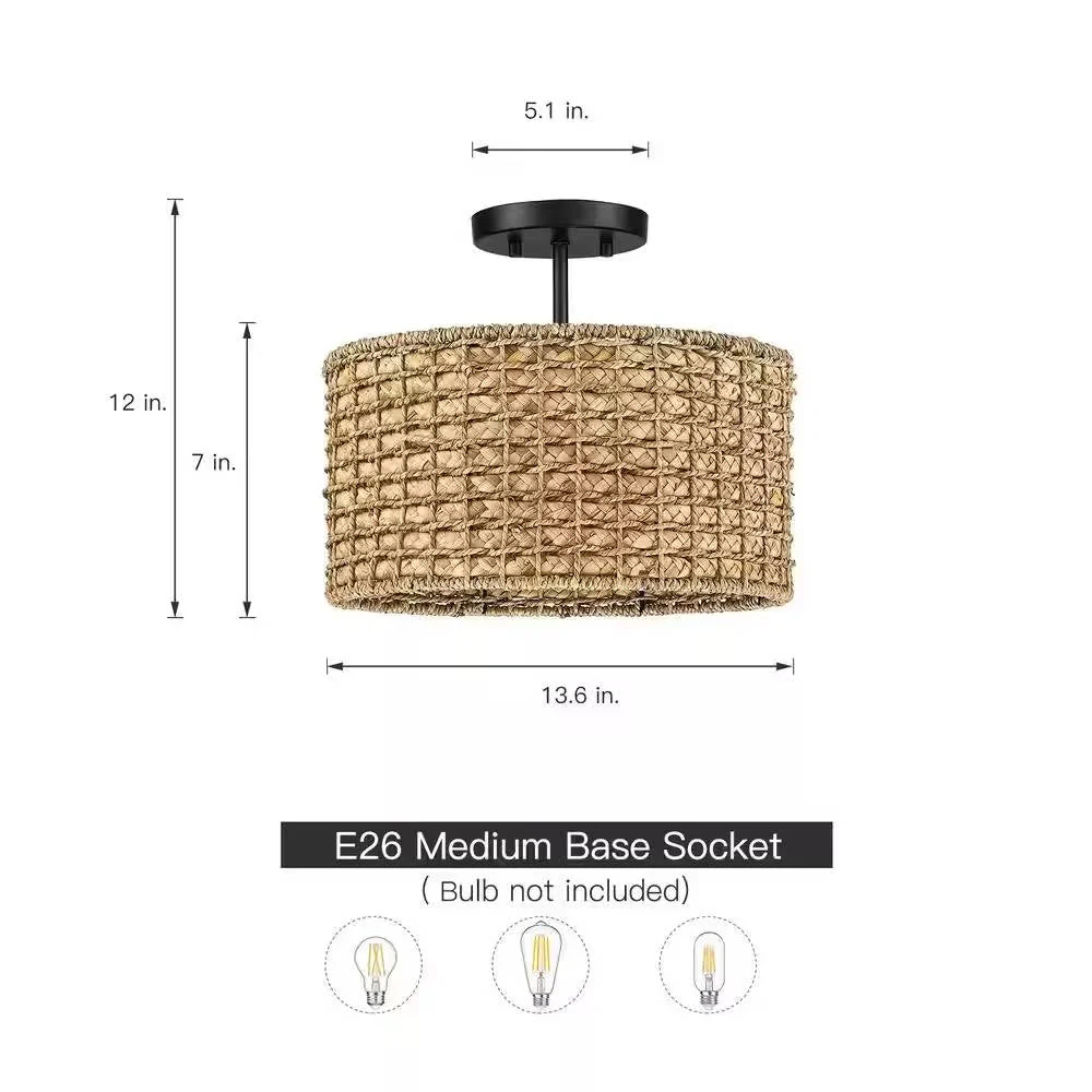 Bohemian 13.6-inch Round Rattan Drum 2-Light Ceiling Light - Semi-Flush Mount - Image 5
