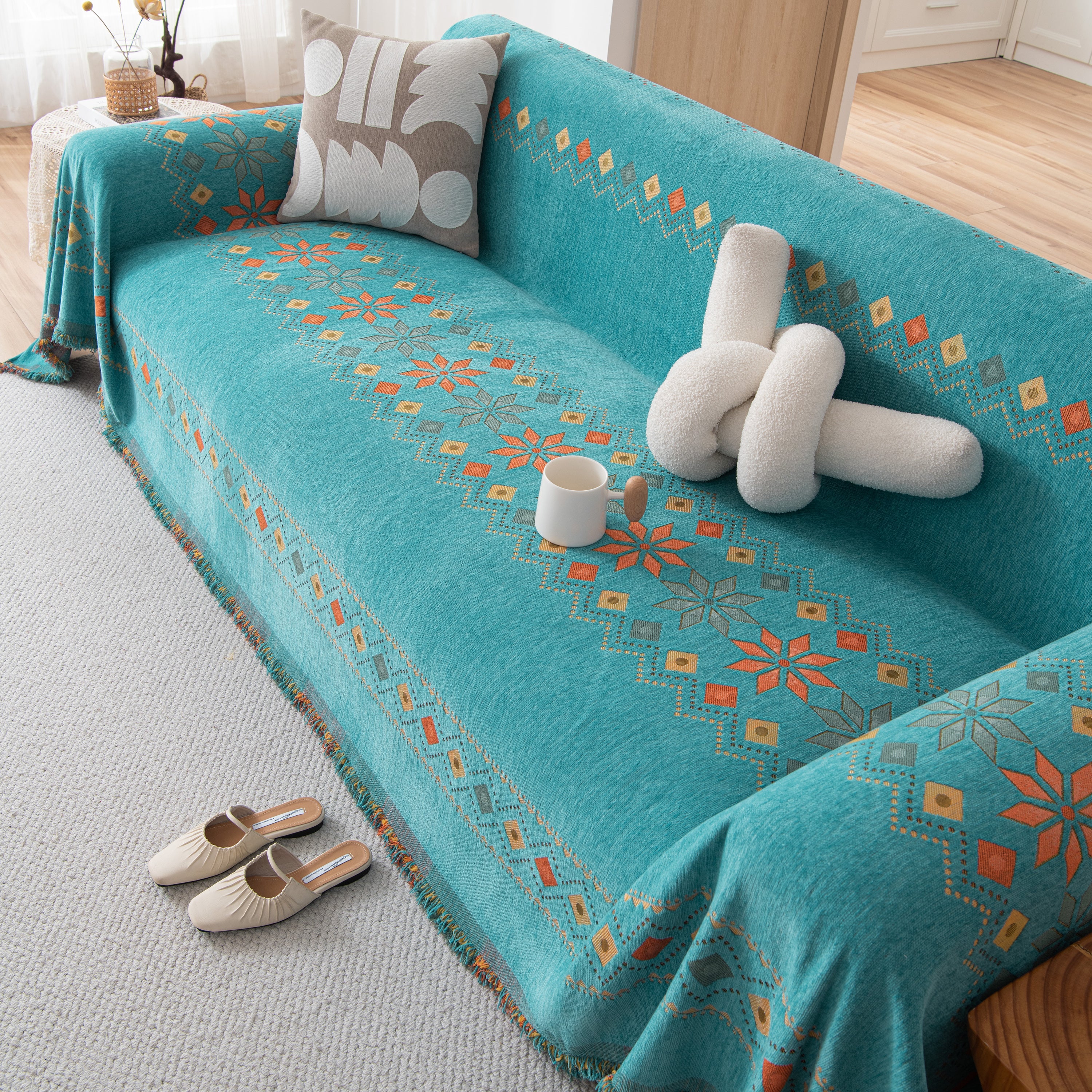 Bohemian Geometric Sofa Throw Cover, Cozy & Protective Ethnic-Inspired Couch Cover - Image 103