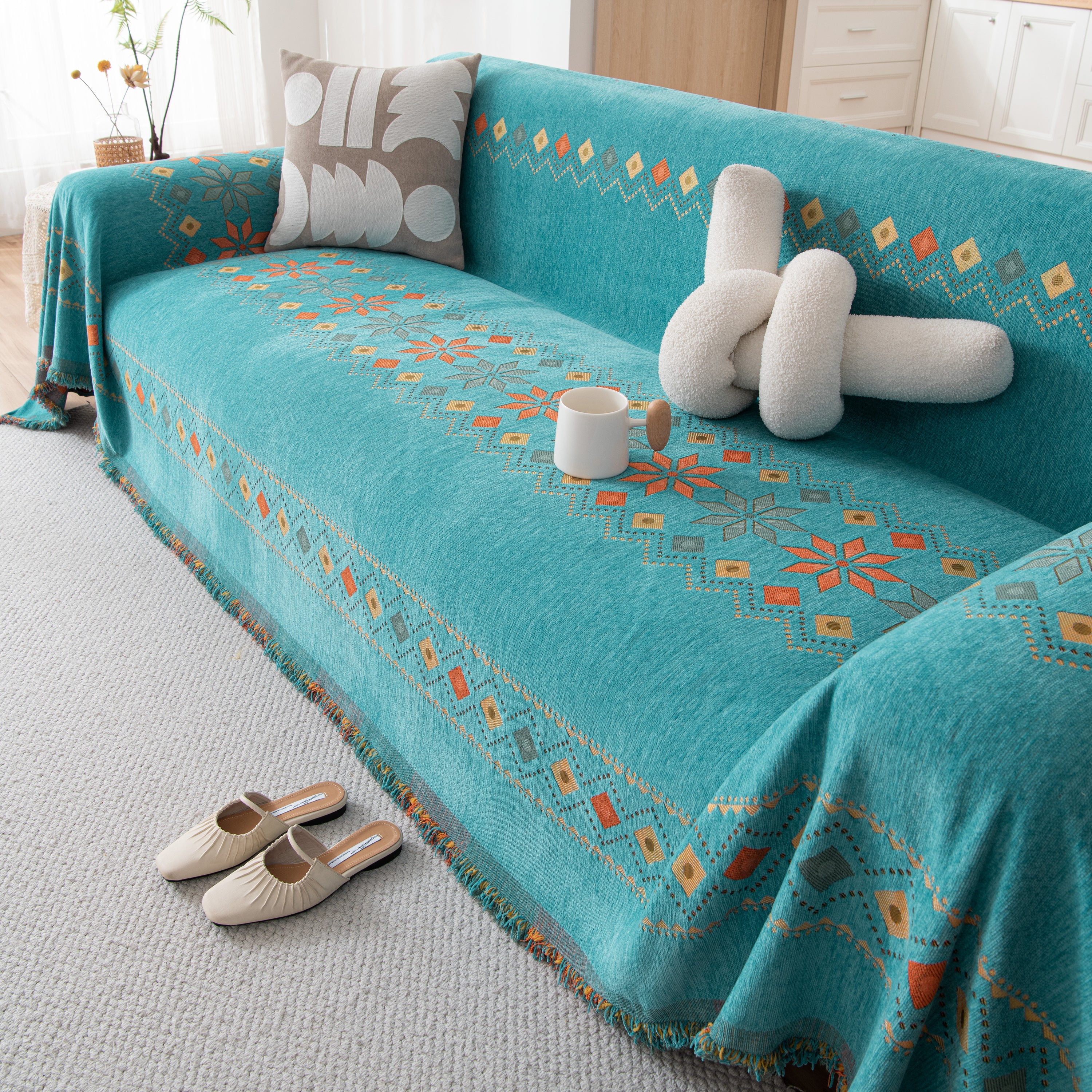 Bohemian Geometric Sofa Throw Cover, Cozy & Protective Ethnic-Inspired Couch Cover - Image 104
