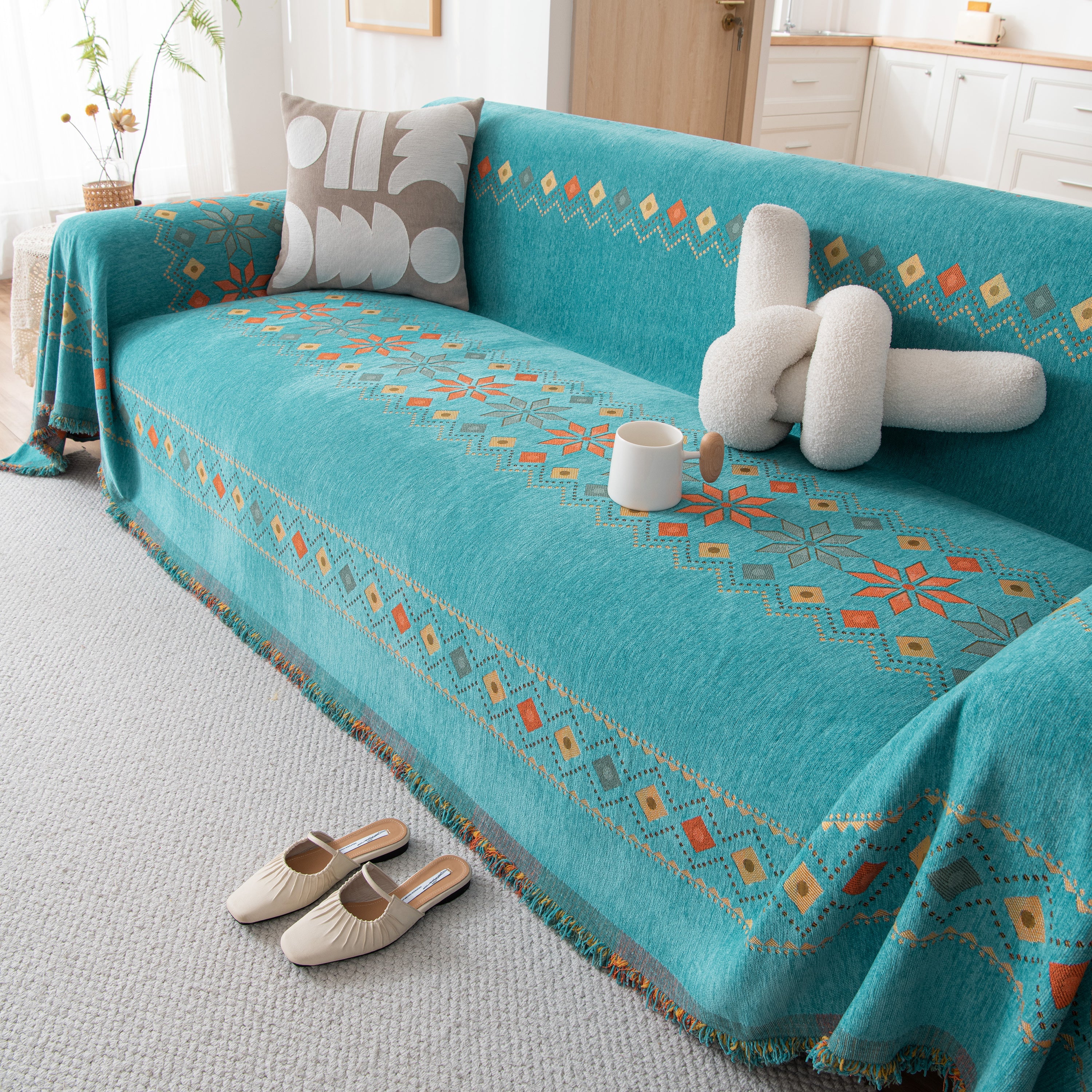 Bohemian Geometric Sofa Throw Cover, Cozy & Protective Ethnic-Inspired Couch Cover - Image 105