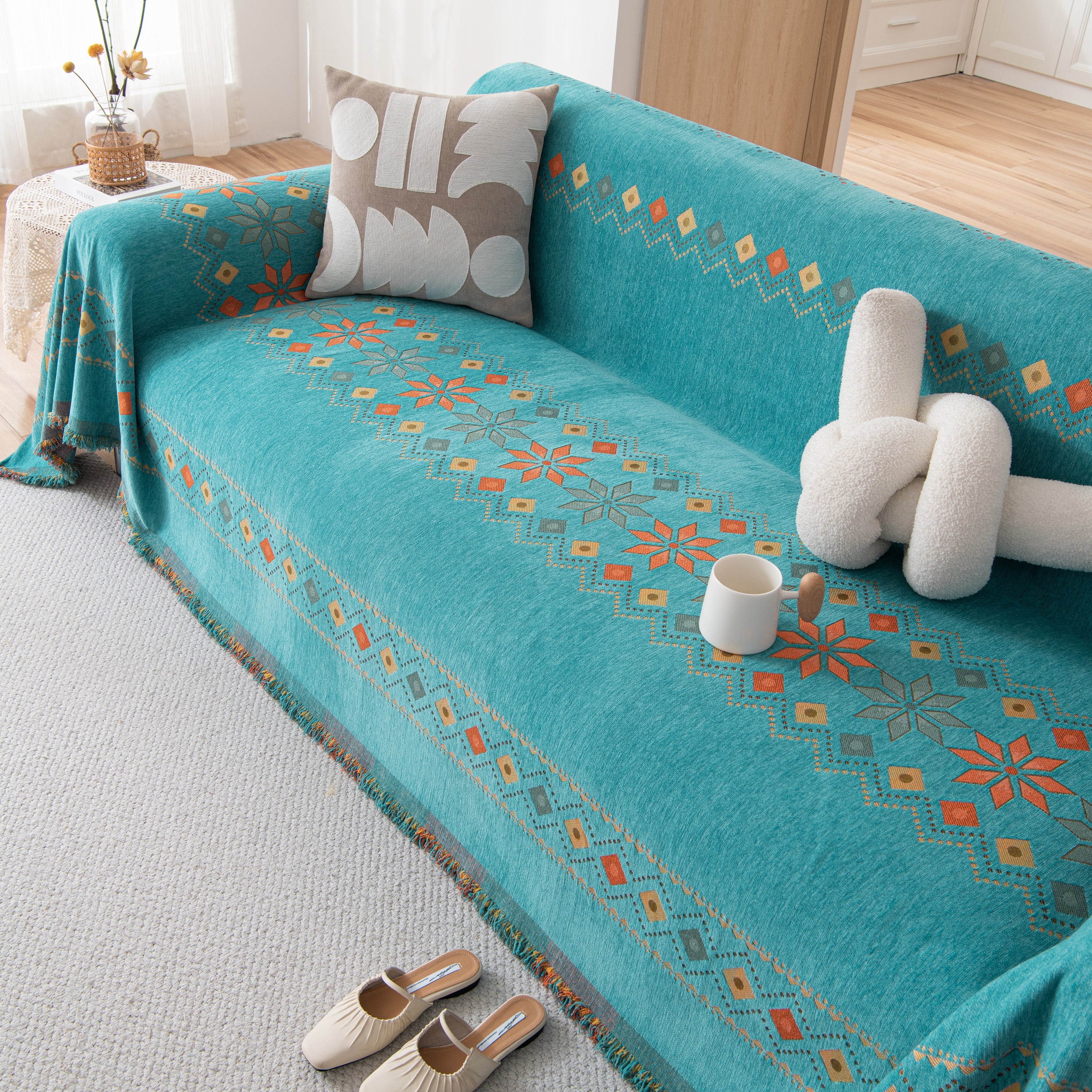 Bohemian Geometric Sofa Throw Cover, Cozy & Protective Ethnic-Inspired Couch Cover - Image 107