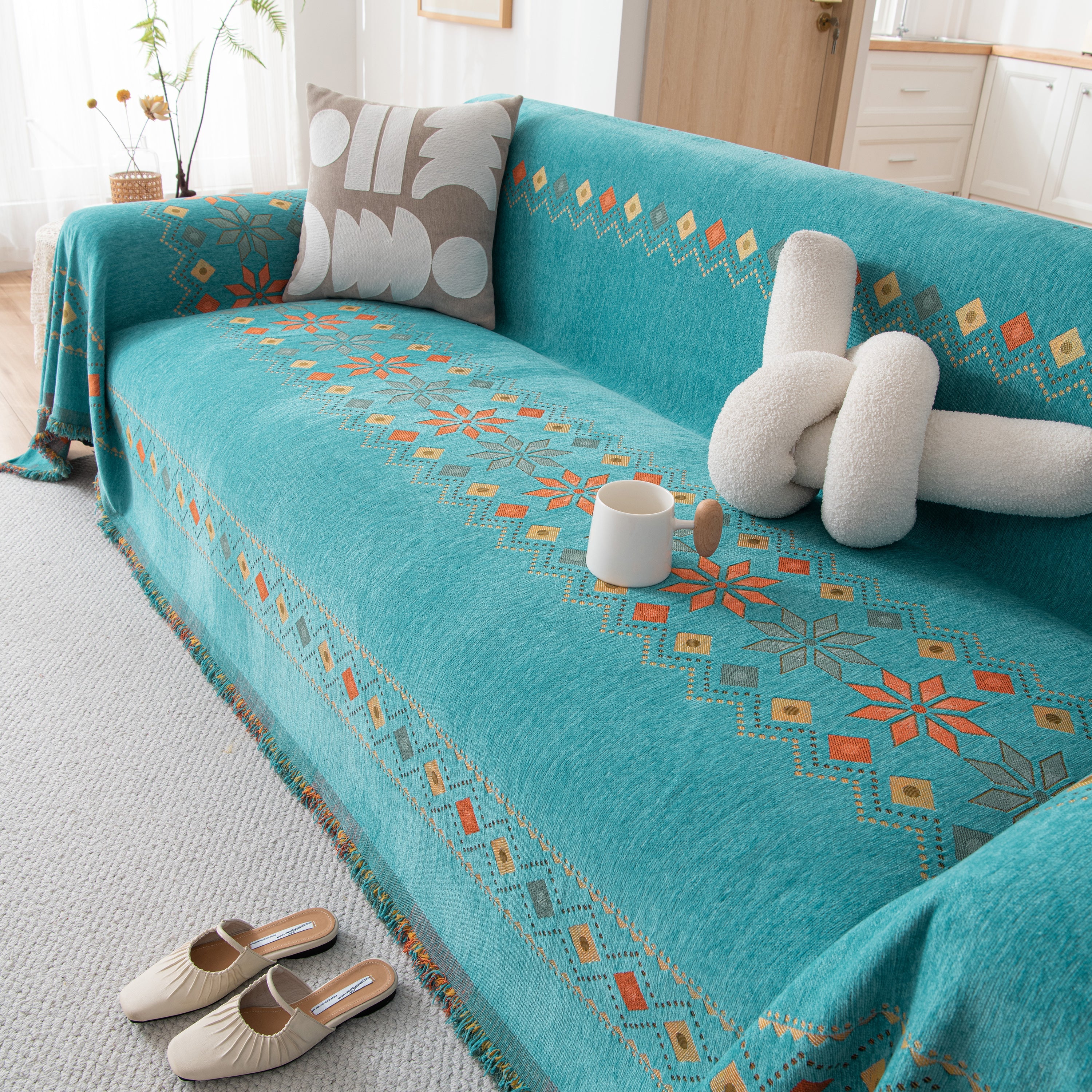 Bohemian Geometric Sofa Throw Cover, Cozy & Protective Ethnic-Inspired Couch Cover - Image 108
