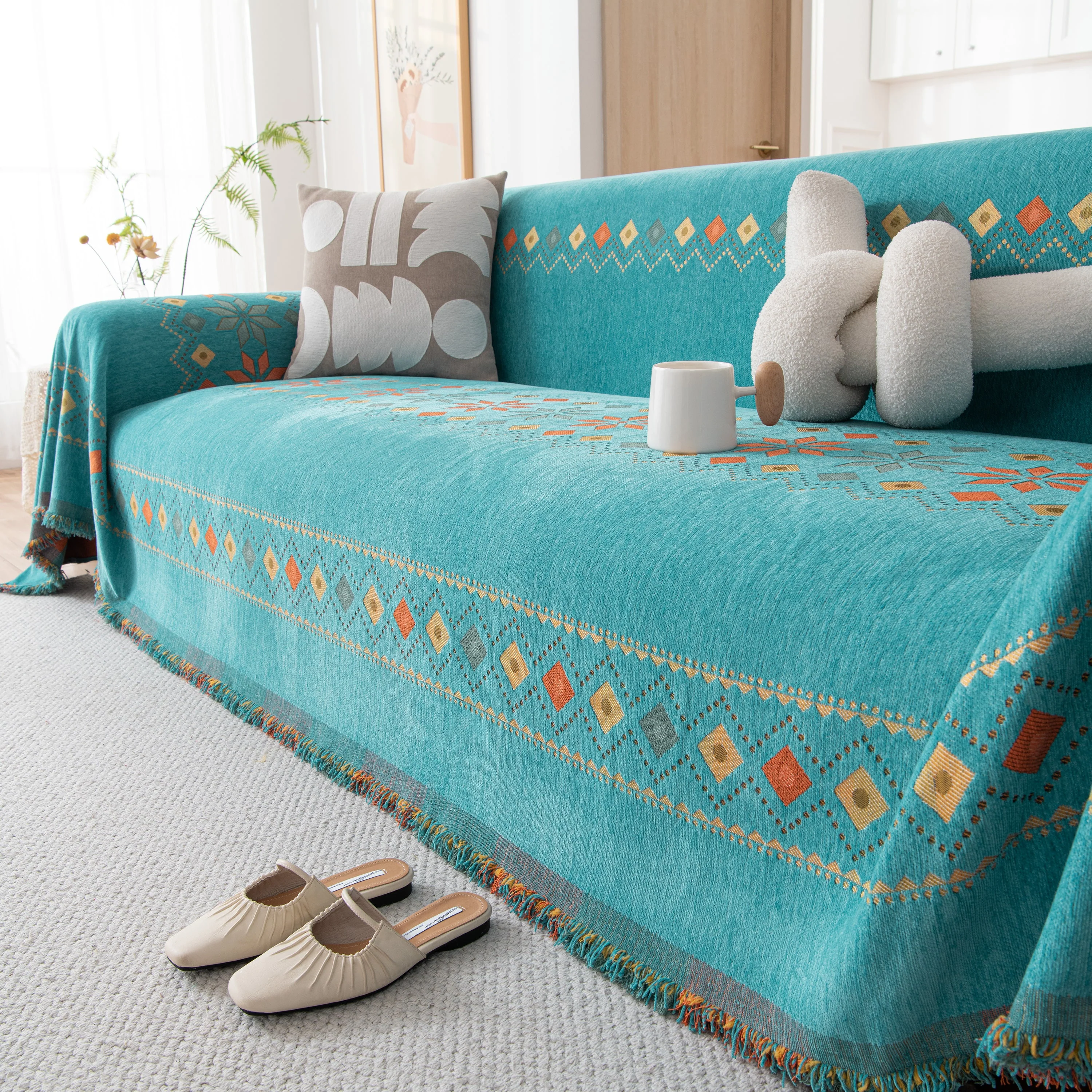 Bohemian Geometric Sofa Throw Cover, Cozy & Protective Ethnic-Inspired Couch Cover - Image 110