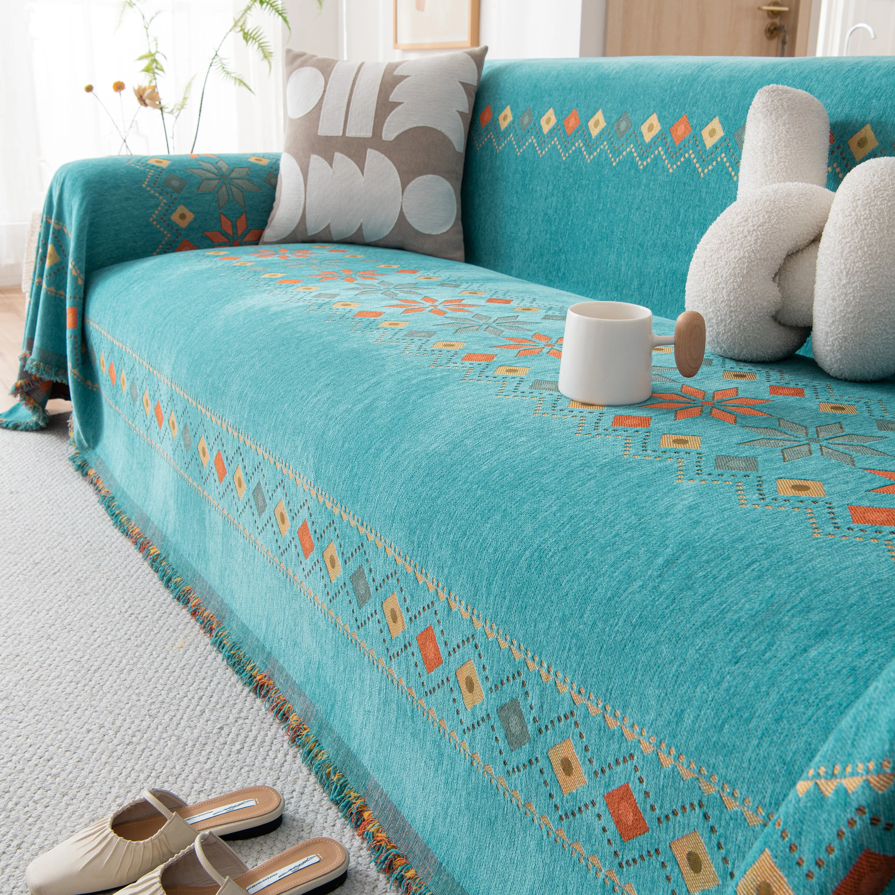 Bohemian Geometric Sofa Throw Cover, Cozy & Protective Ethnic-Inspired Couch Cover - Image 111