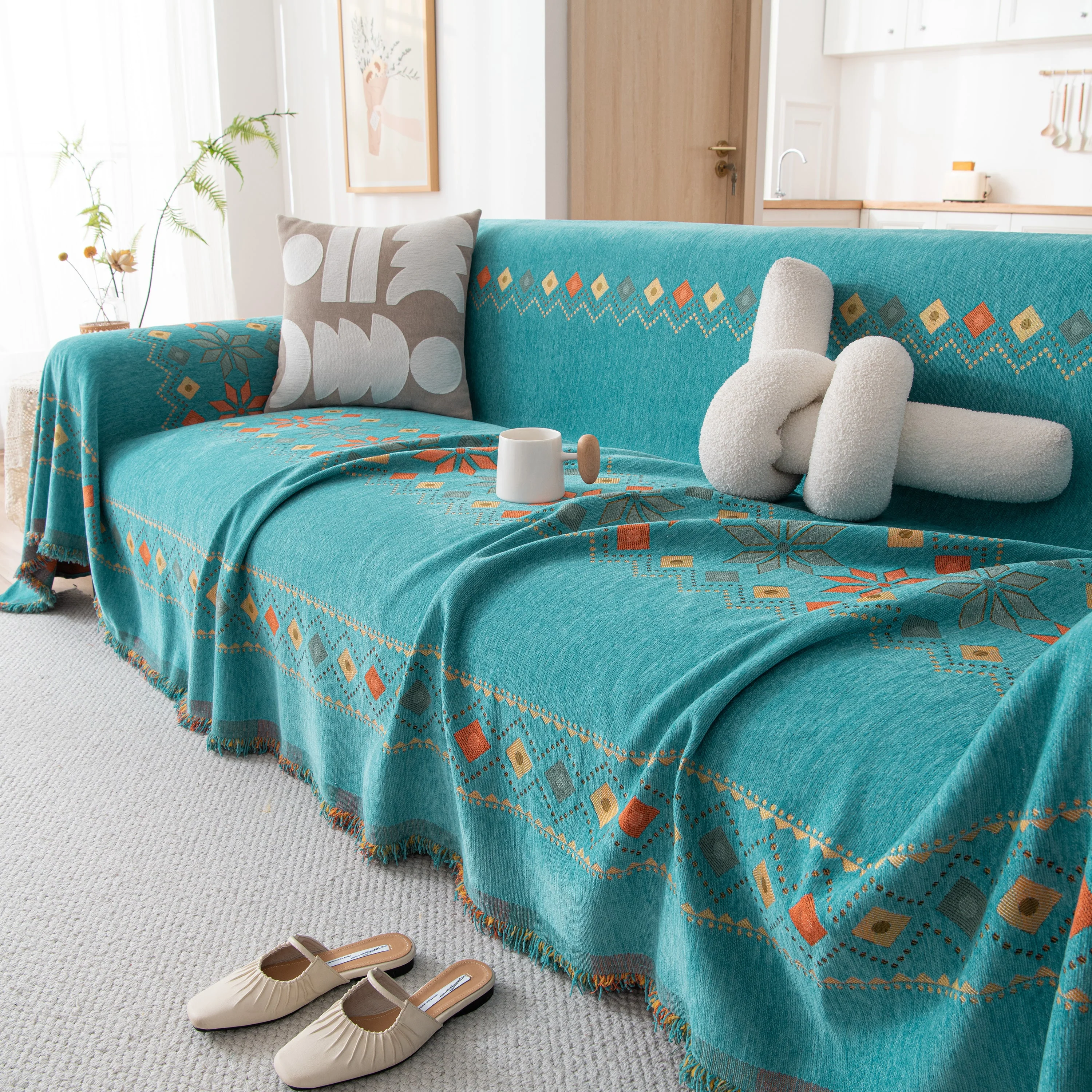 Bohemian Geometric Sofa Throw Cover, Cozy & Protective Ethnic-Inspired Couch Cover - Image 114