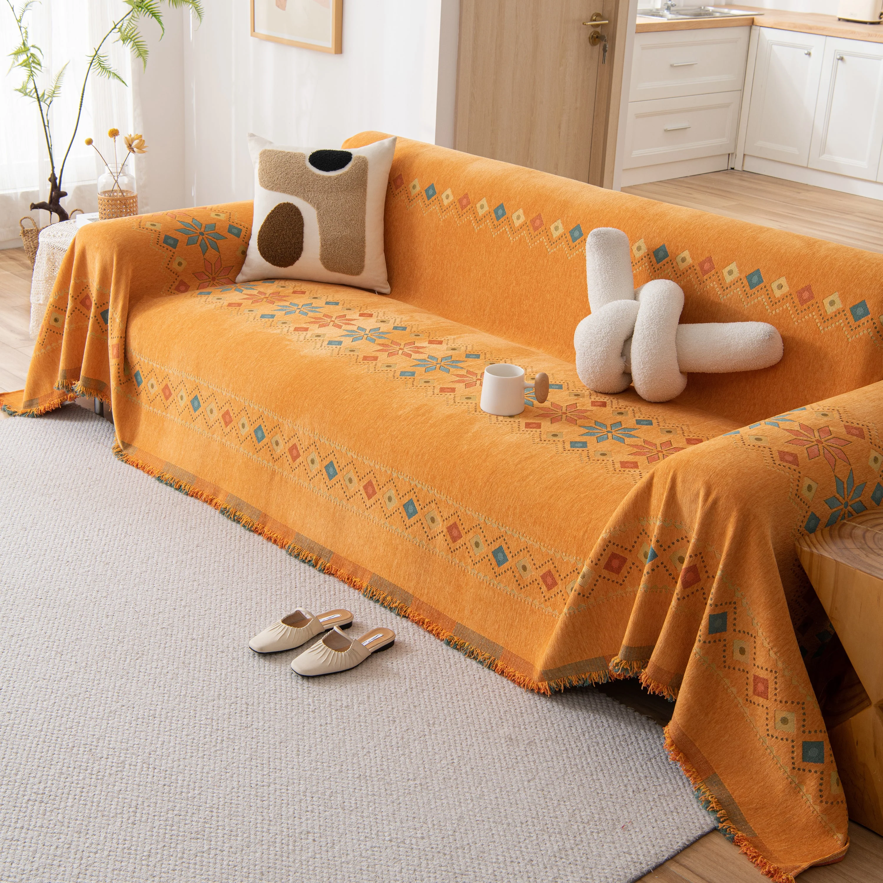 Bohemian Geometric Sofa Throw Cover, Cozy & Protective Ethnic-Inspired Couch Cover - Image 130
