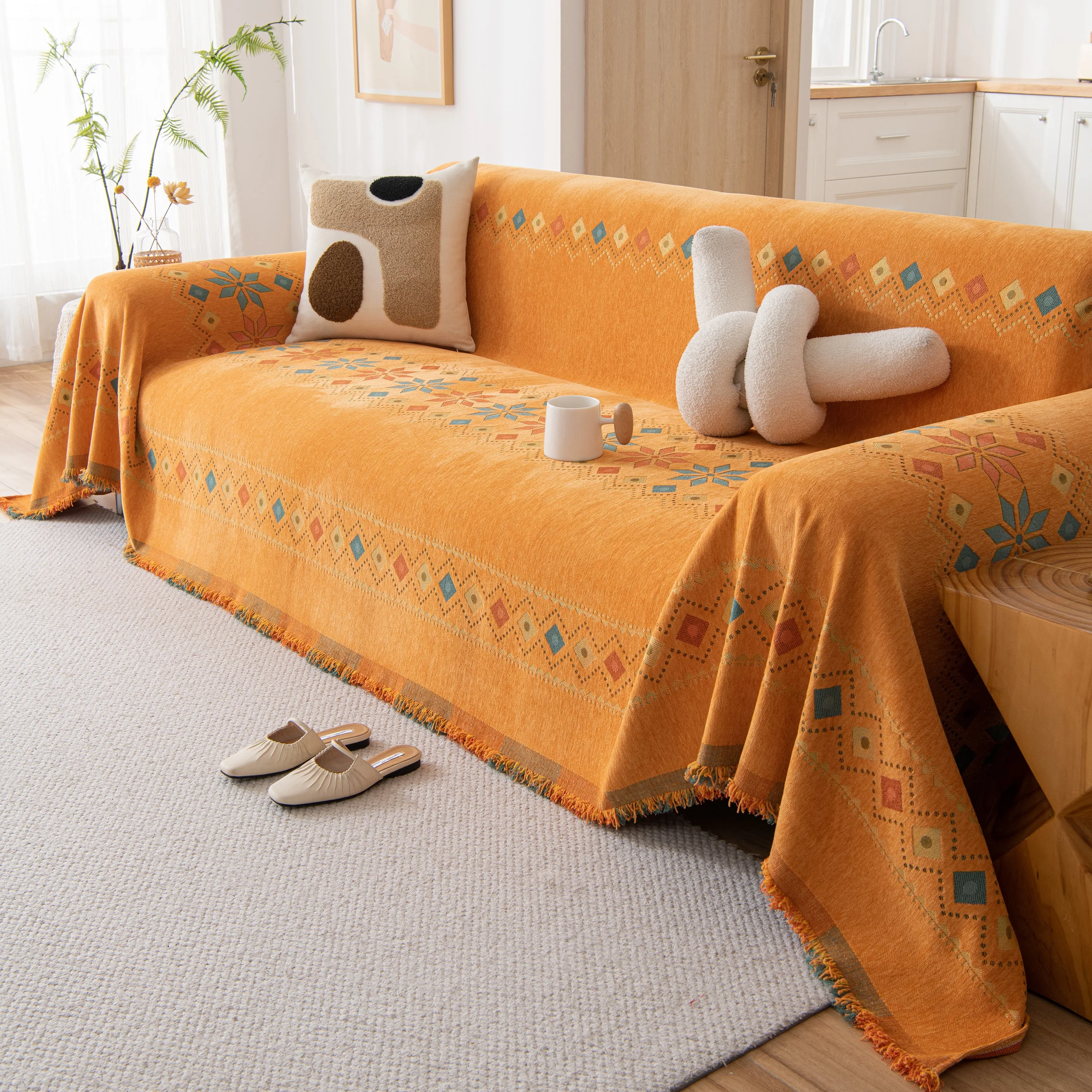 Bohemian Geometric Sofa Throw Cover, Cozy & Protective Ethnic-Inspired Couch Cover - Image 131