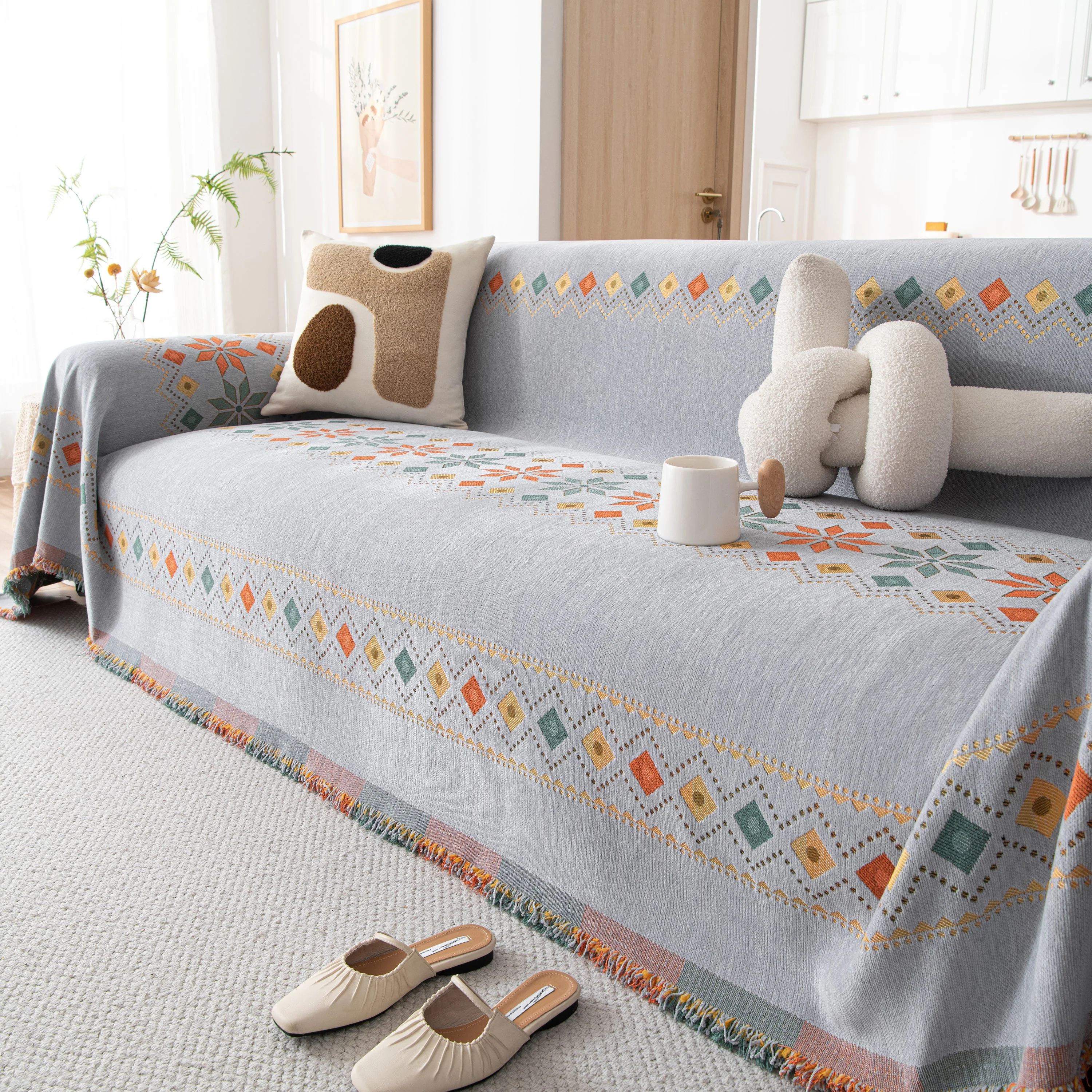 Bohemian Geometric Sofa Throw Cover, Cozy & Protective Ethnic-Inspired Couch Cover - Image 79