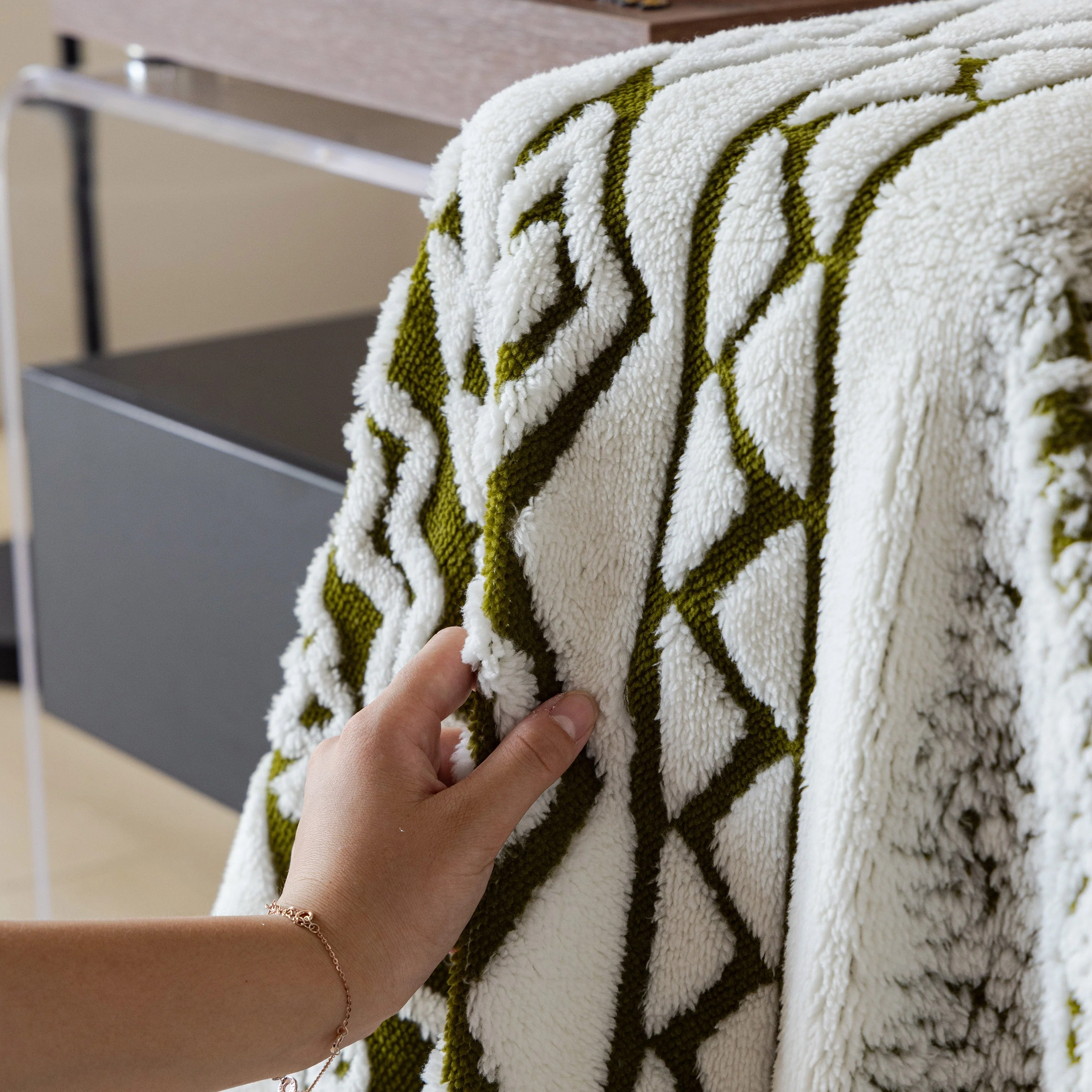 Bohemian Tufted Sofa Cover, Plush Fleece Throw Blanket with 3D Woven Aztec Stripes - Image 11