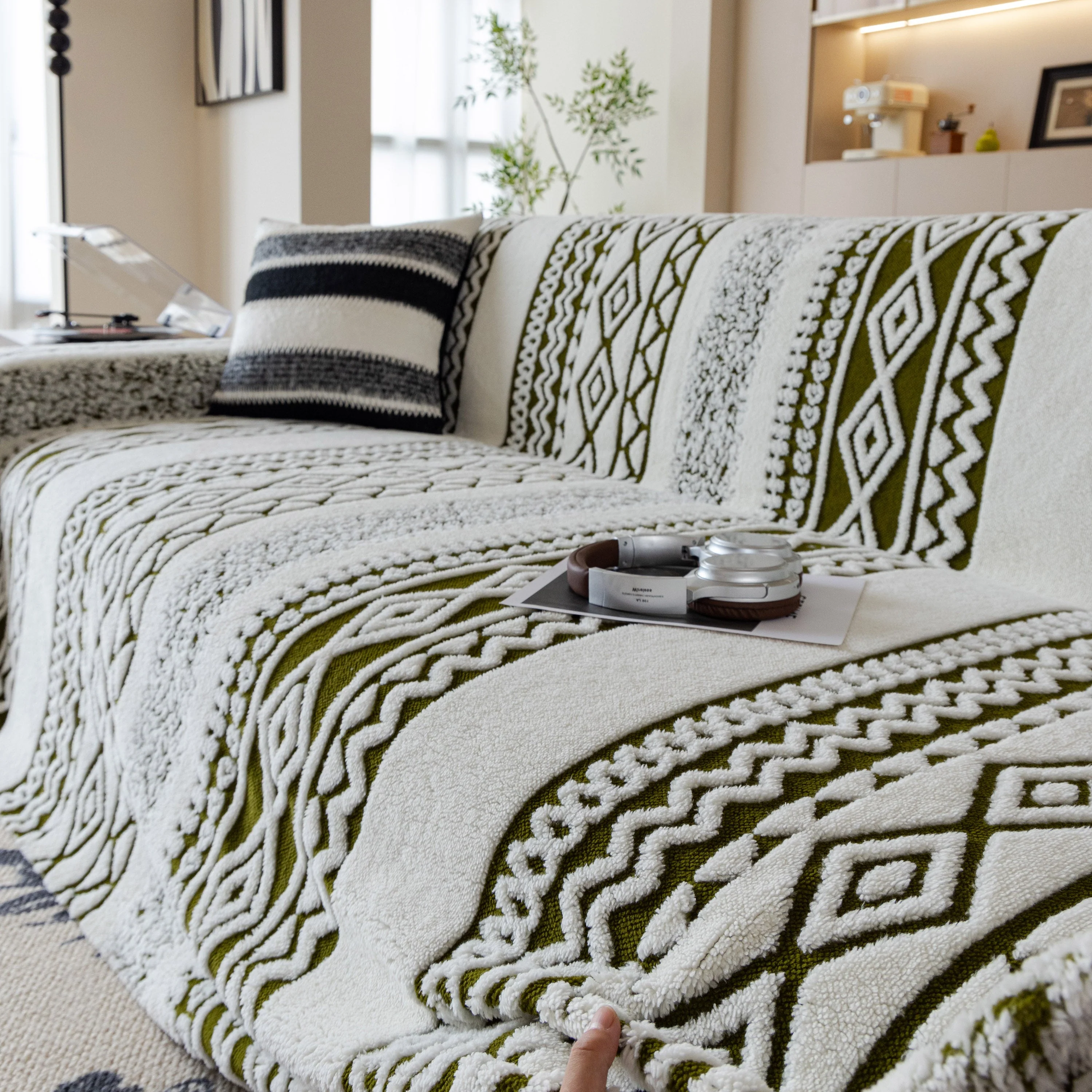 Bohemian Tufted Sofa Cover, Plush Fleece Throw Blanket with 3D Woven Aztec Stripes - Image 14
