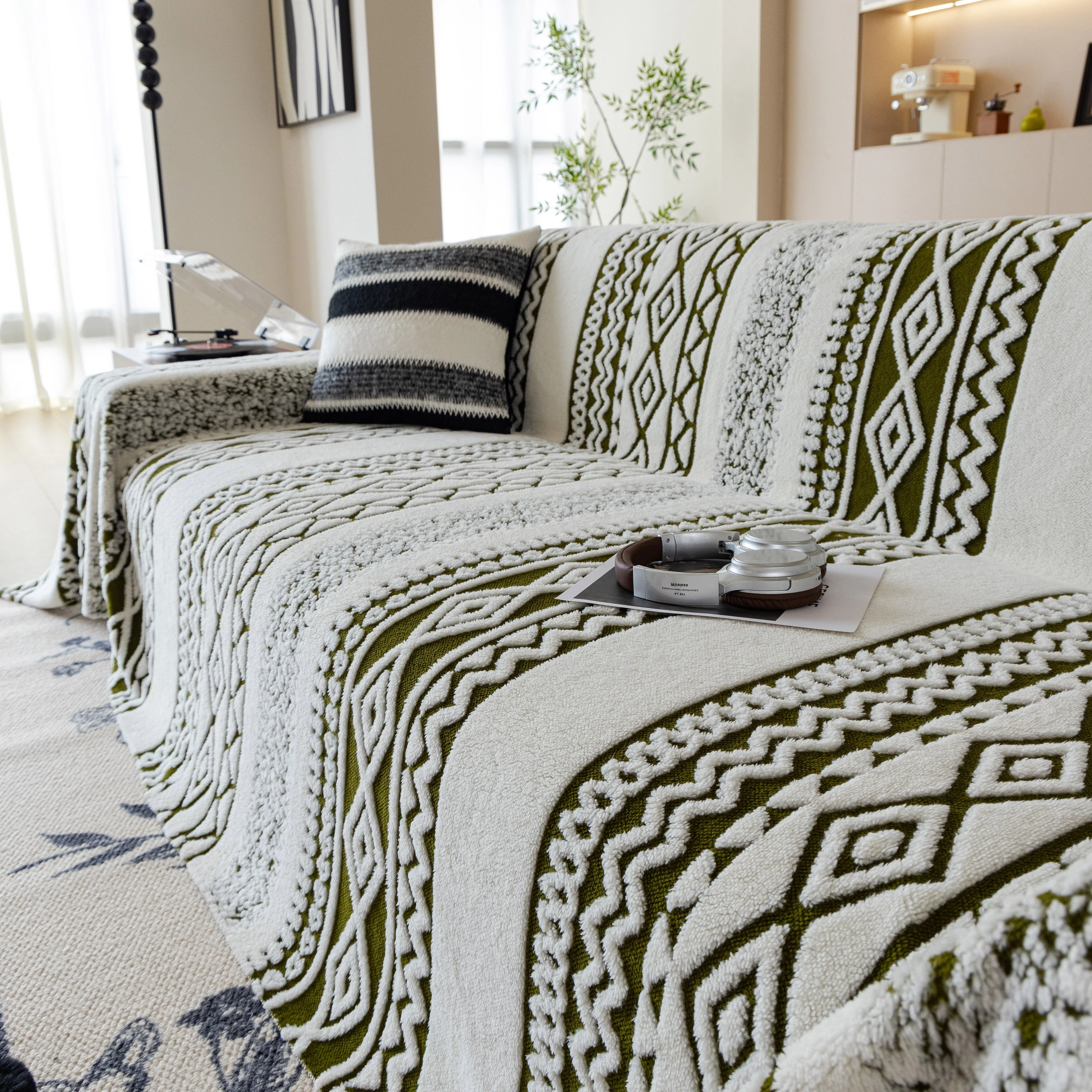 Bohemian Tufted Sofa Cover, Plush Fleece Throw Blanket with 3D Woven Aztec Stripes - Image 15