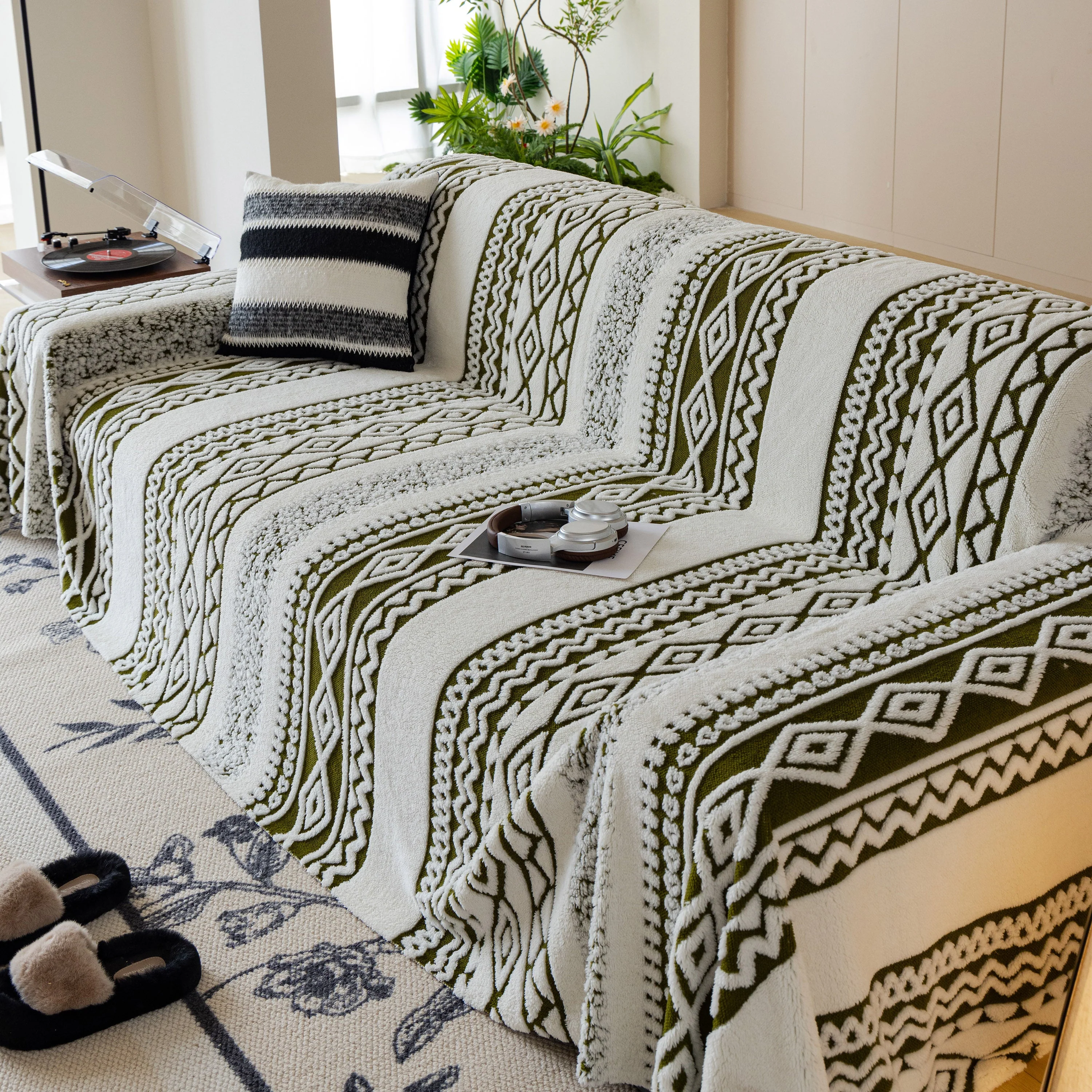 Bohemian Tufted Sofa Cover, Plush Fleece Throw Blanket with 3D Woven Aztec Stripes - Image 19