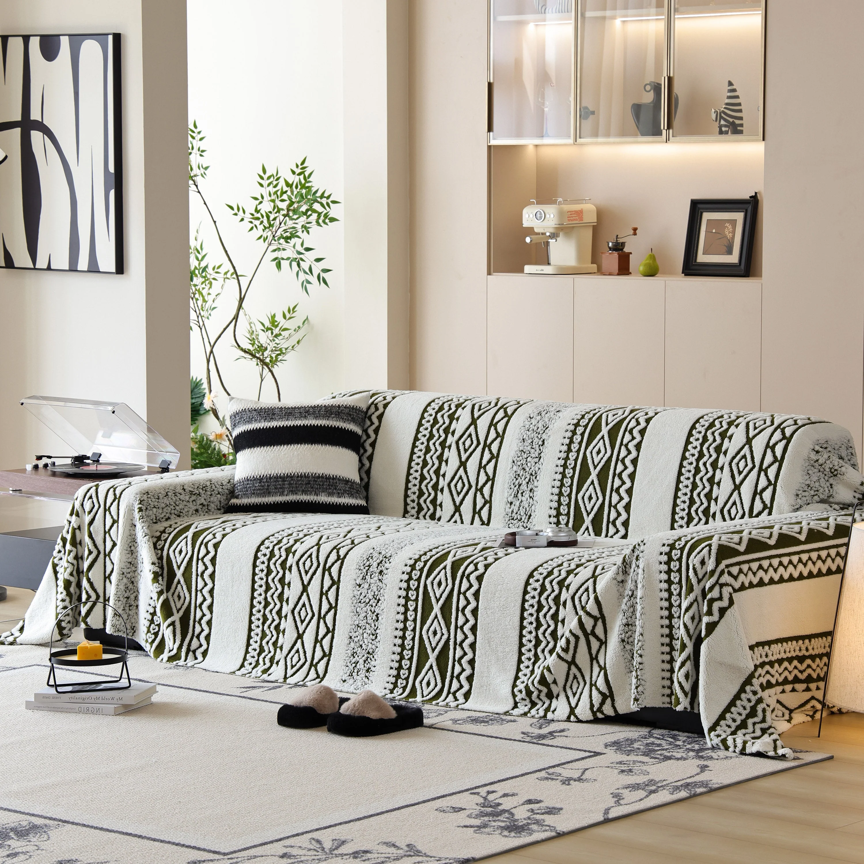 Bohemian Tufted Sofa Cover, Plush Fleece Throw Blanket with 3D Woven Aztec Stripes - Image 2