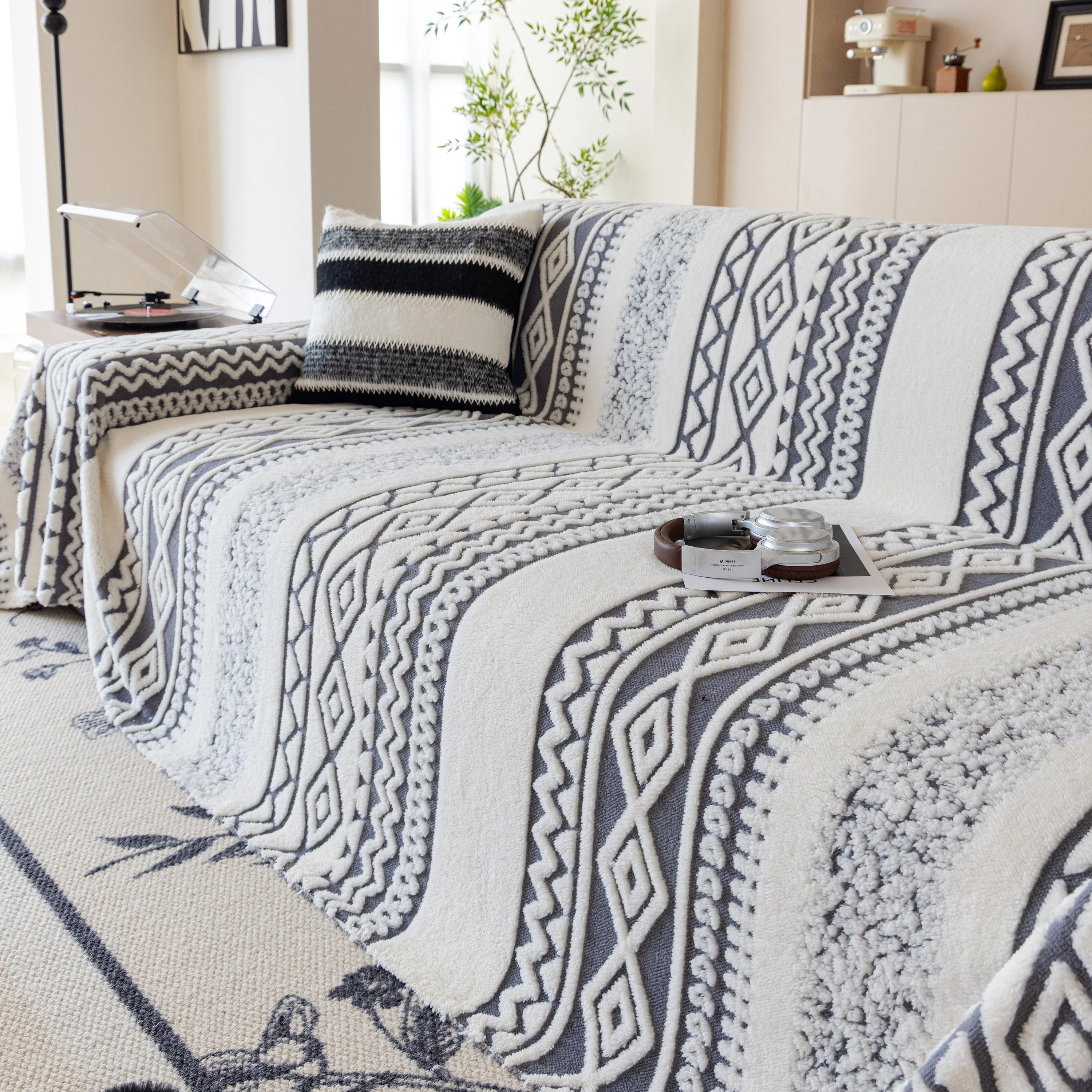 Bohemian Tufted Sofa Cover, Plush Fleece Throw Blanket with 3D Woven Aztec Stripes - Image 23