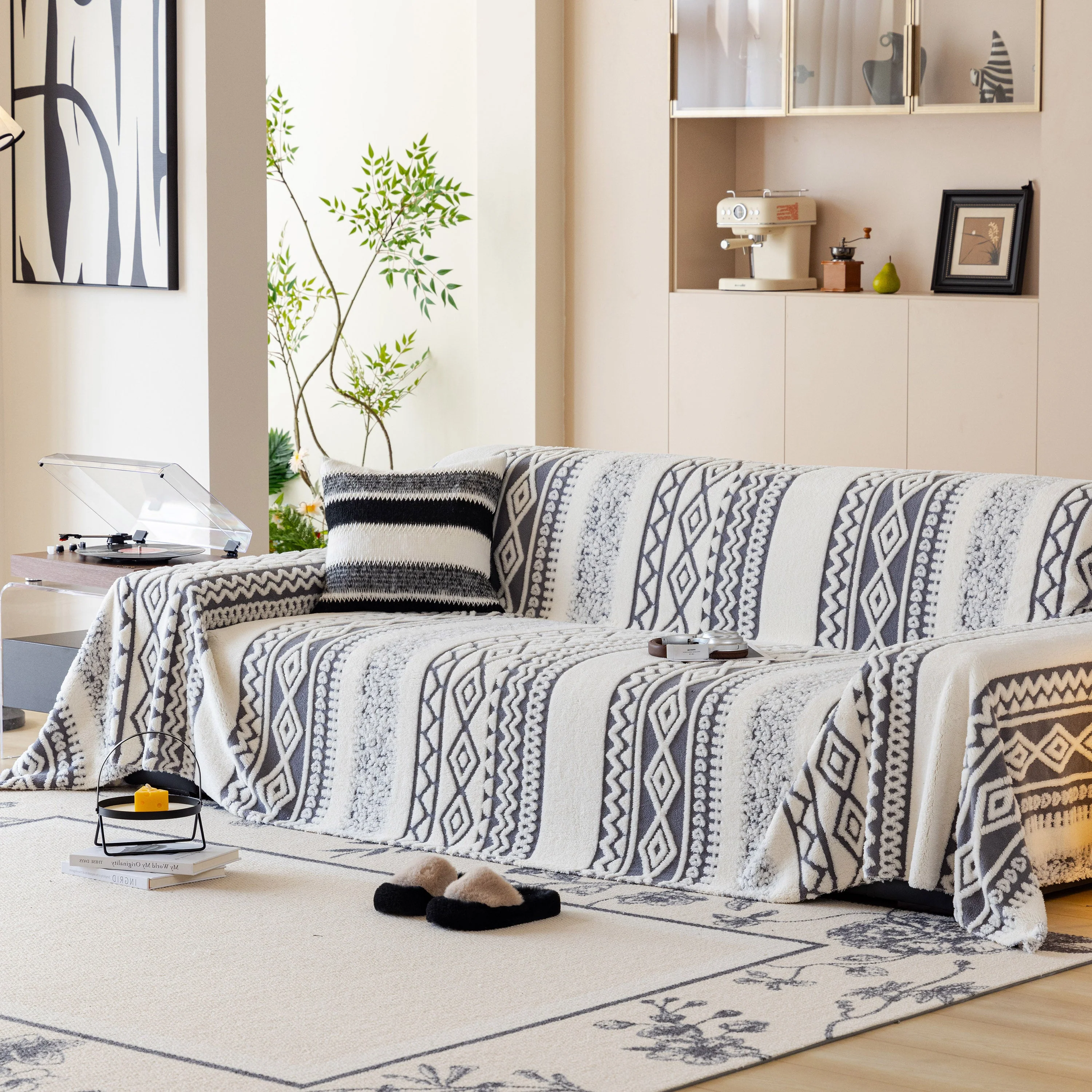 Bohemian Tufted Sofa Cover, Plush Fleece Throw Blanket with 3D Woven Aztec Stripes - Image 25