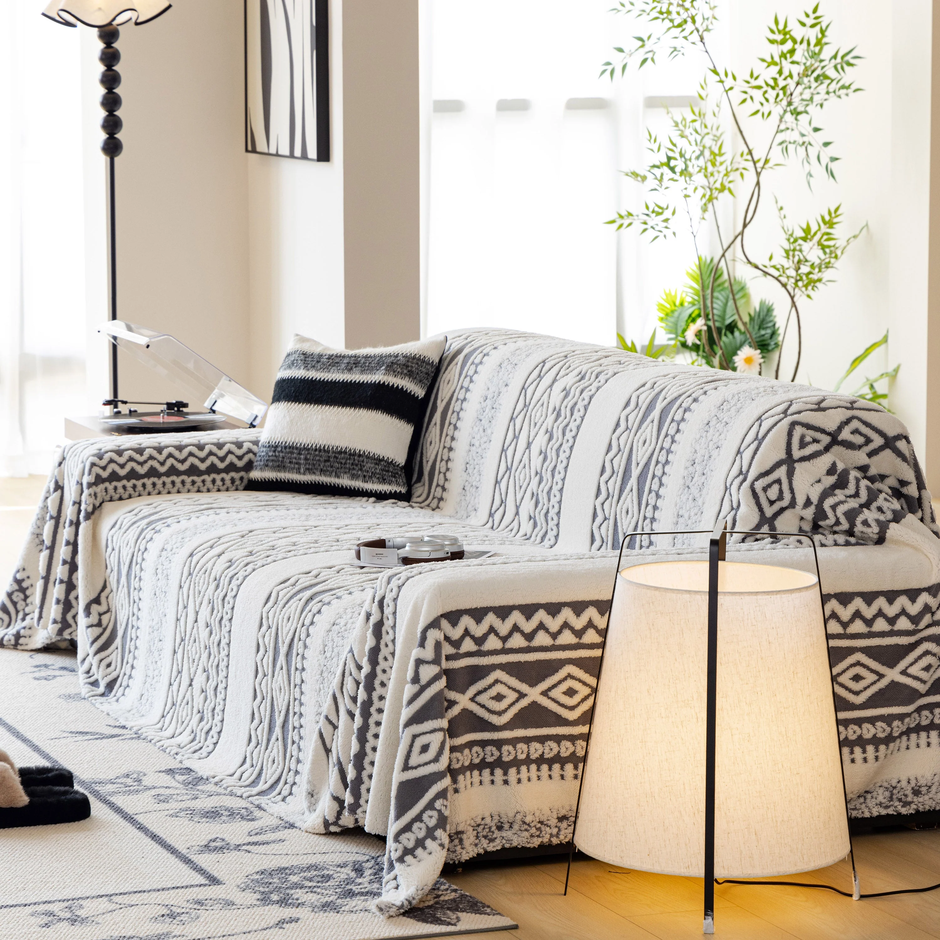 Bohemian Tufted Sofa Cover, Plush Fleece Throw Blanket with 3D Woven Aztec Stripes - Image 26