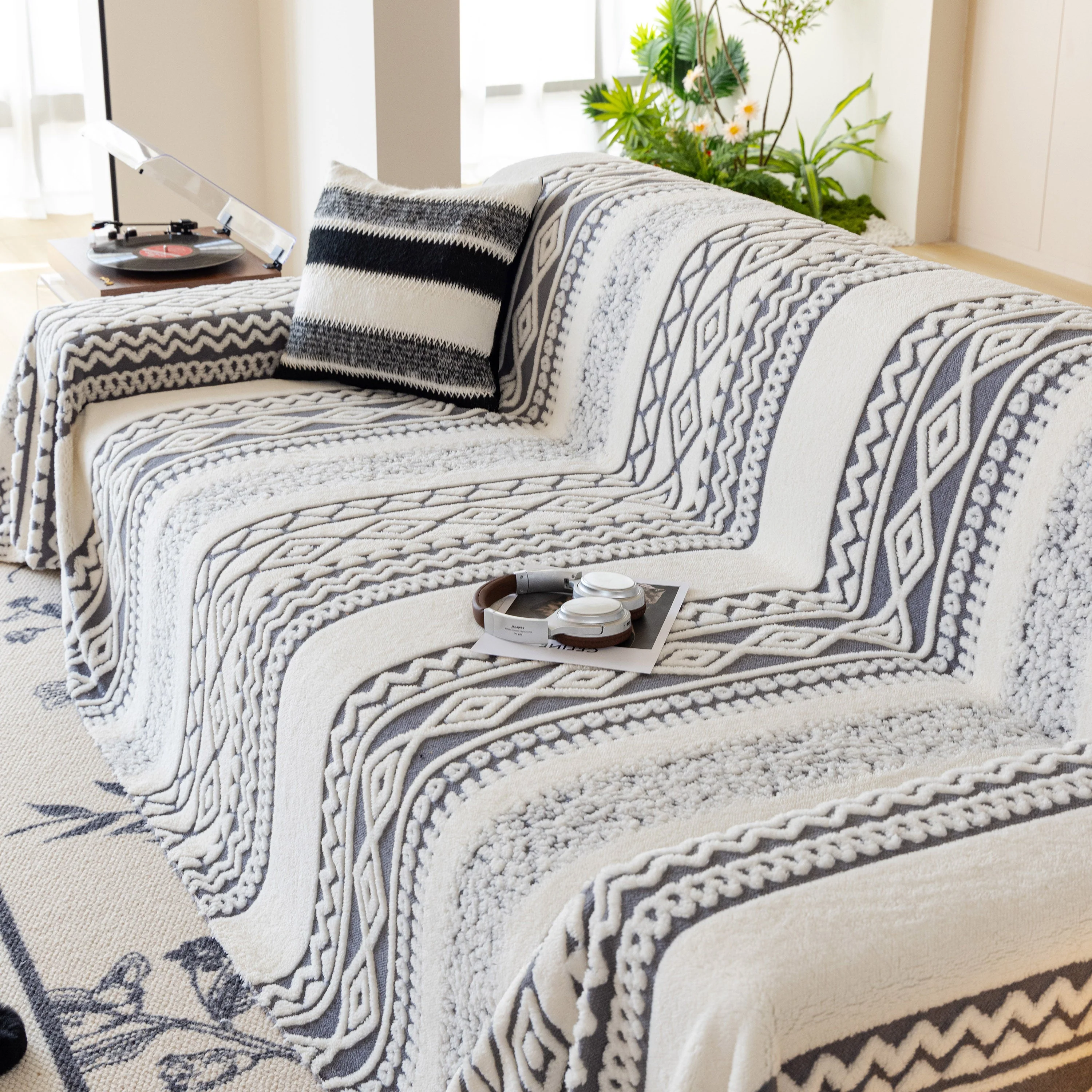 Bohemian Tufted Sofa Cover, Plush Fleece Throw Blanket with 3D Woven Aztec Stripes - Image 29