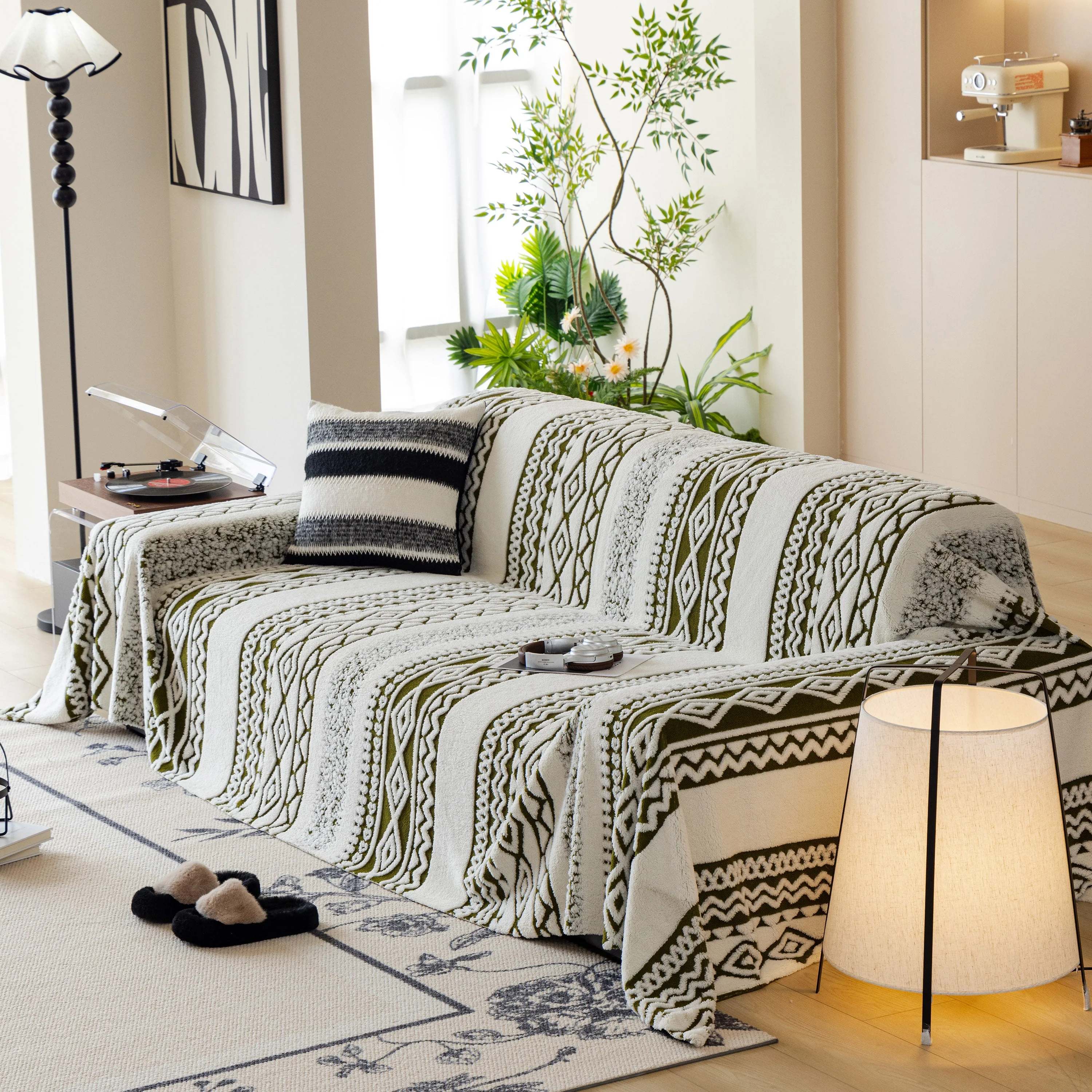Bohemian Tufted Sofa Cover, Plush Fleece Throw Blanket with 3D Woven Aztec Stripes - Image 3