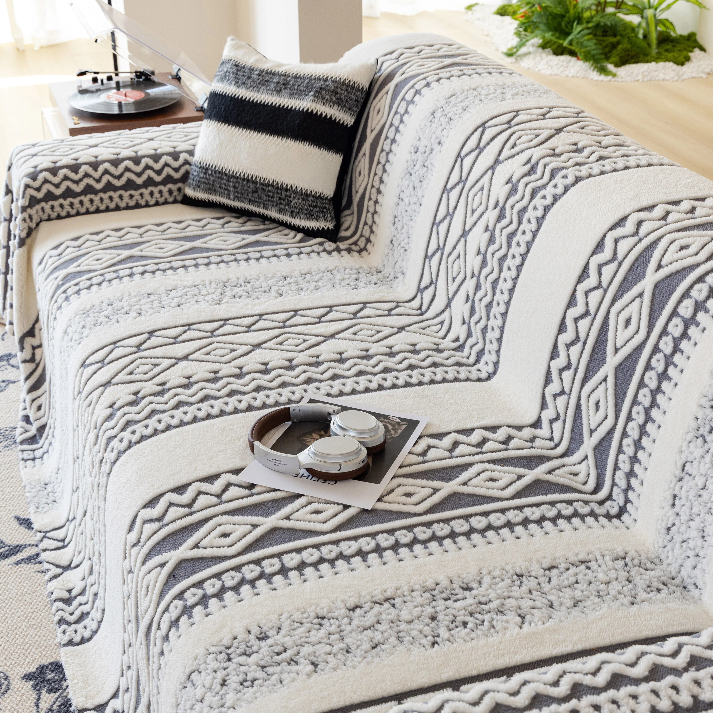 Bohemian Tufted Sofa Cover, Plush Fleece Throw Blanket with 3D Woven Aztec Stripes - Image 30