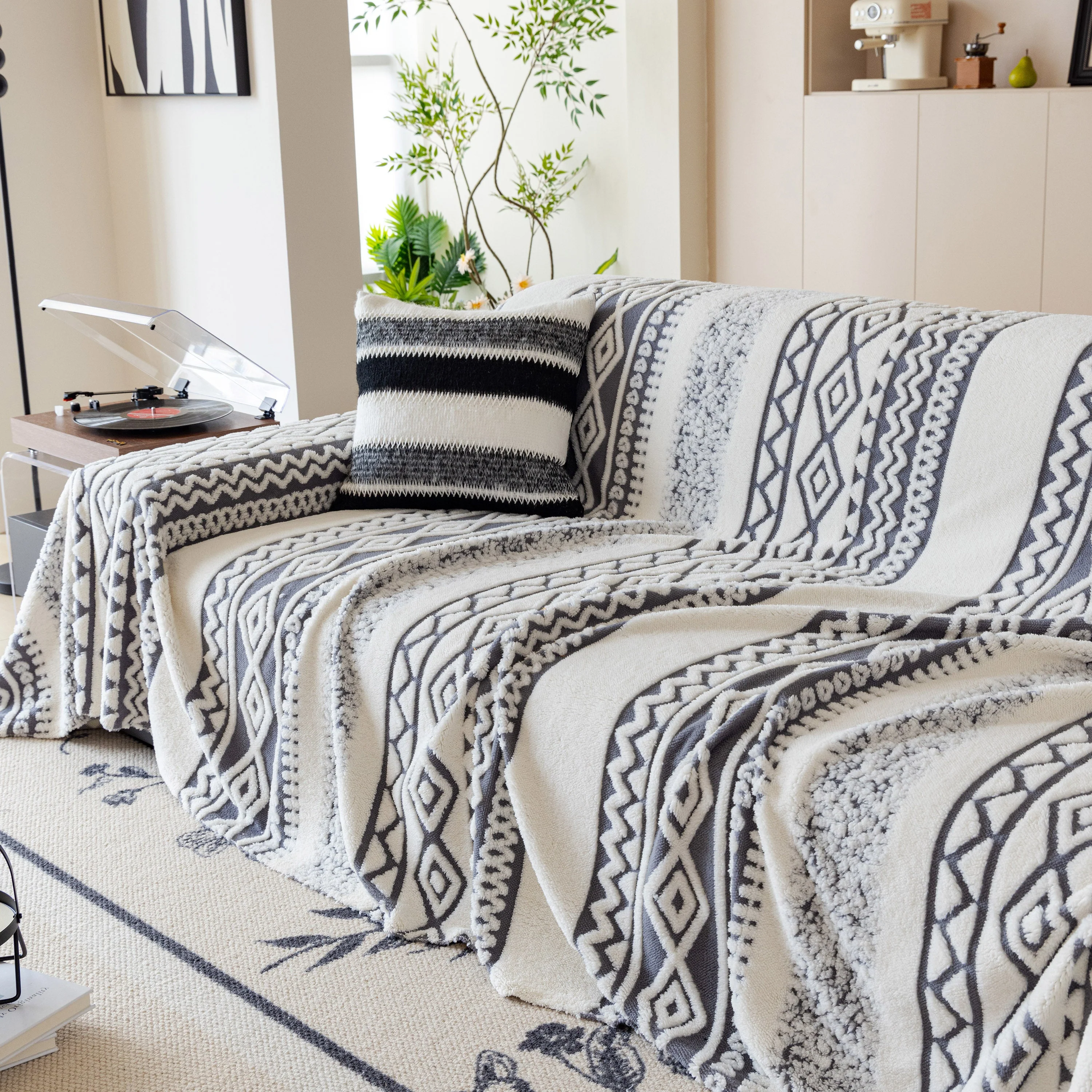 Bohemian Tufted Sofa Cover, Plush Fleece Throw Blanket with 3D Woven Aztec Stripes - Image 37
