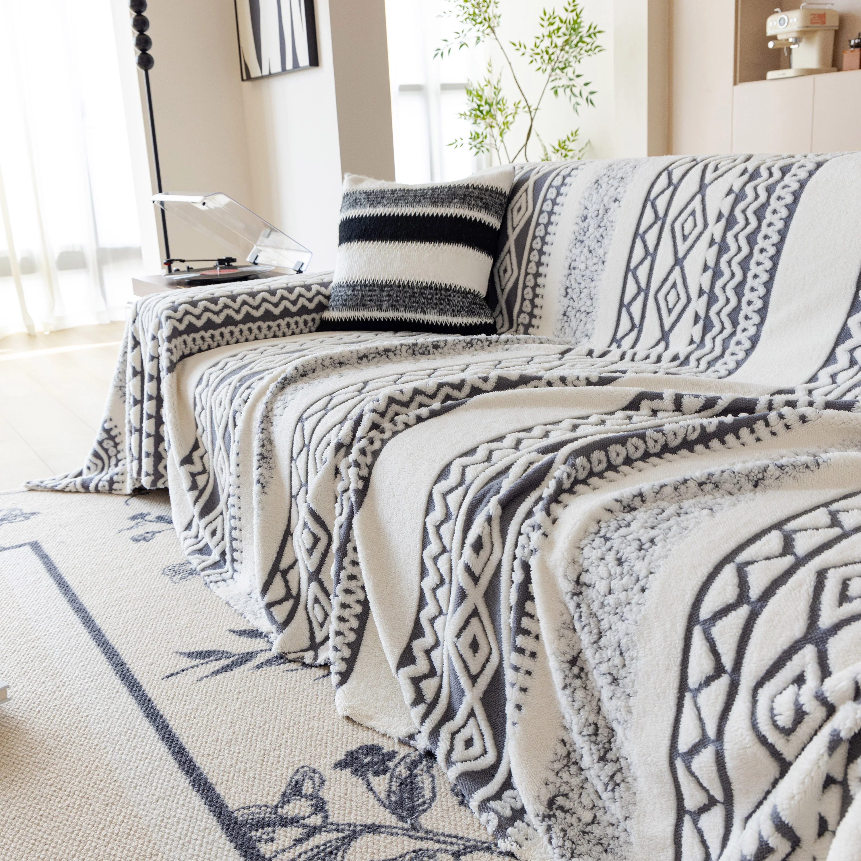 Bohemian Tufted Sofa Cover, Plush Fleece Throw Blanket with 3D Woven Aztec Stripes - Image 38