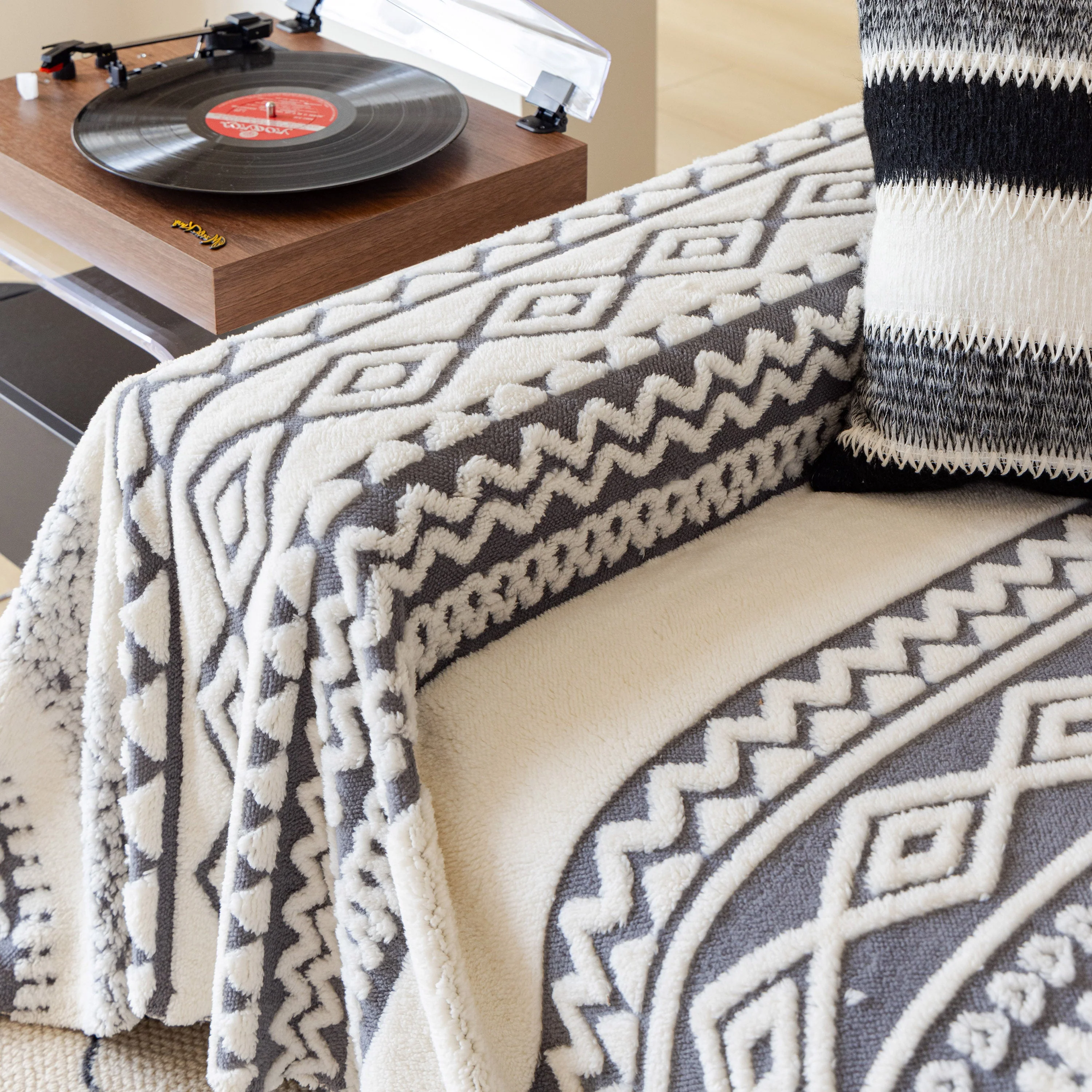 Bohemian Tufted Sofa Cover, Plush Fleece Throw Blanket with 3D Woven Aztec Stripes - Image 39