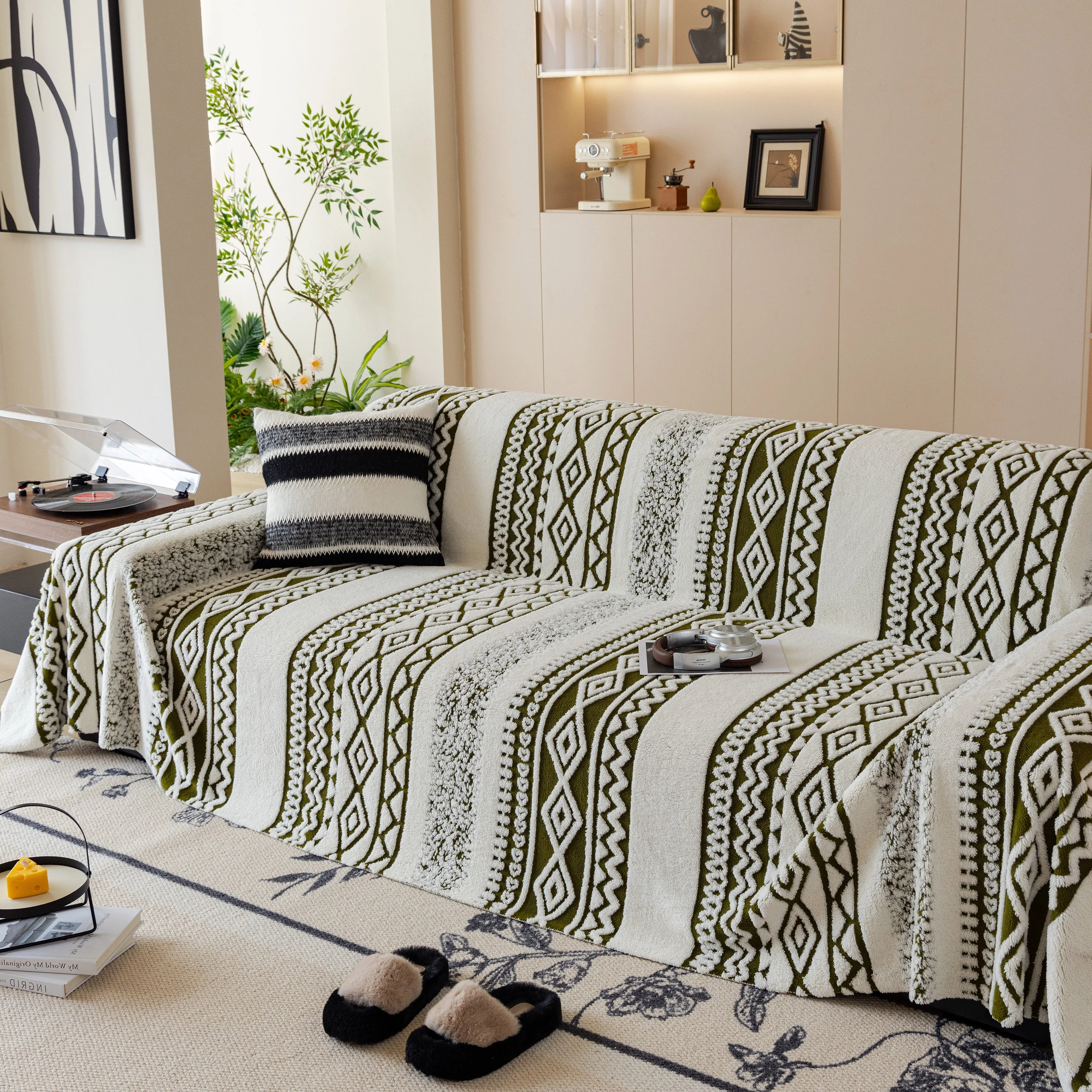 Bohemian Tufted Sofa Cover, Plush Fleece Throw Blanket with 3D Woven Aztec Stripes - Image 4