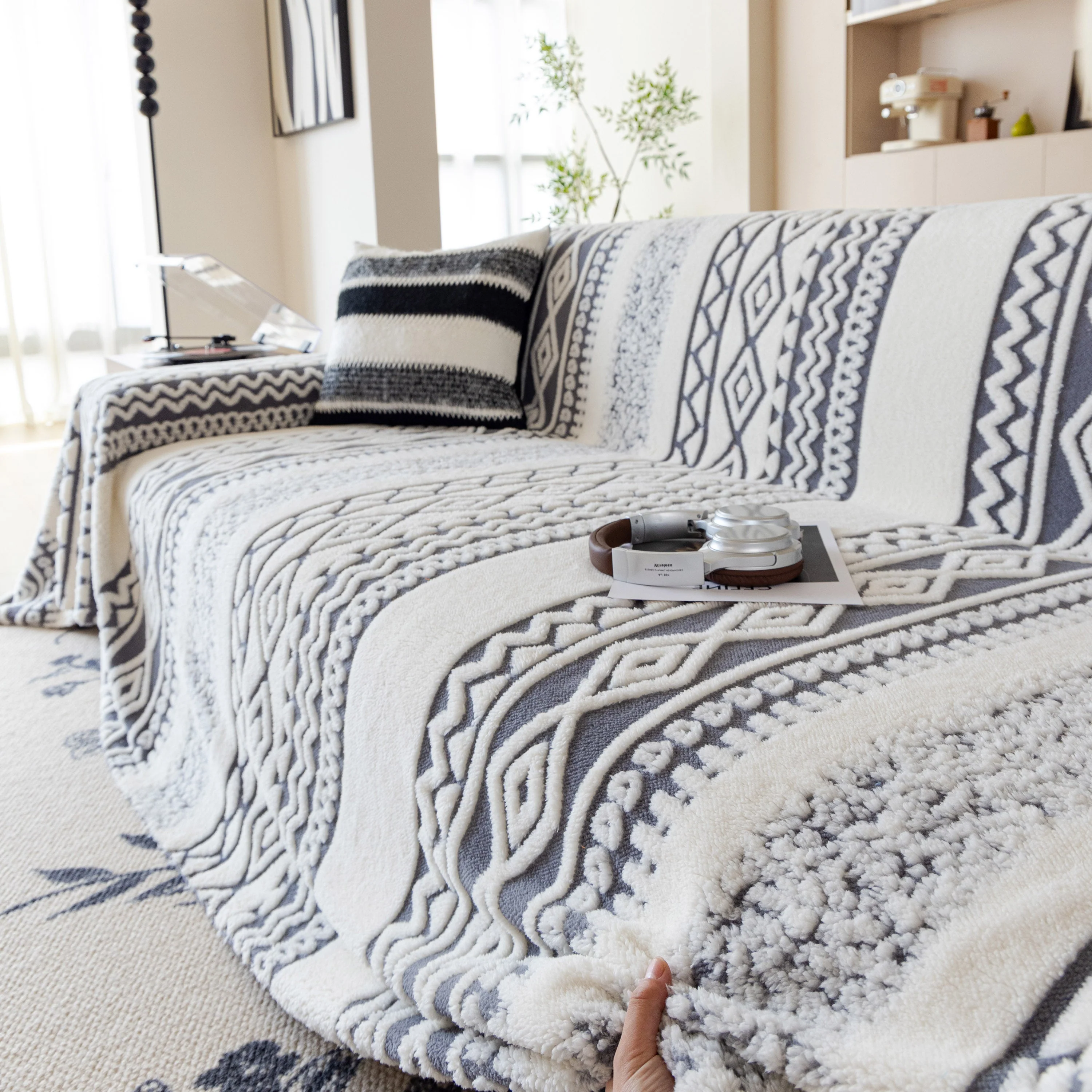 Bohemian Tufted Sofa Cover, Plush Fleece Throw Blanket with 3D Woven Aztec Stripes - Image 41