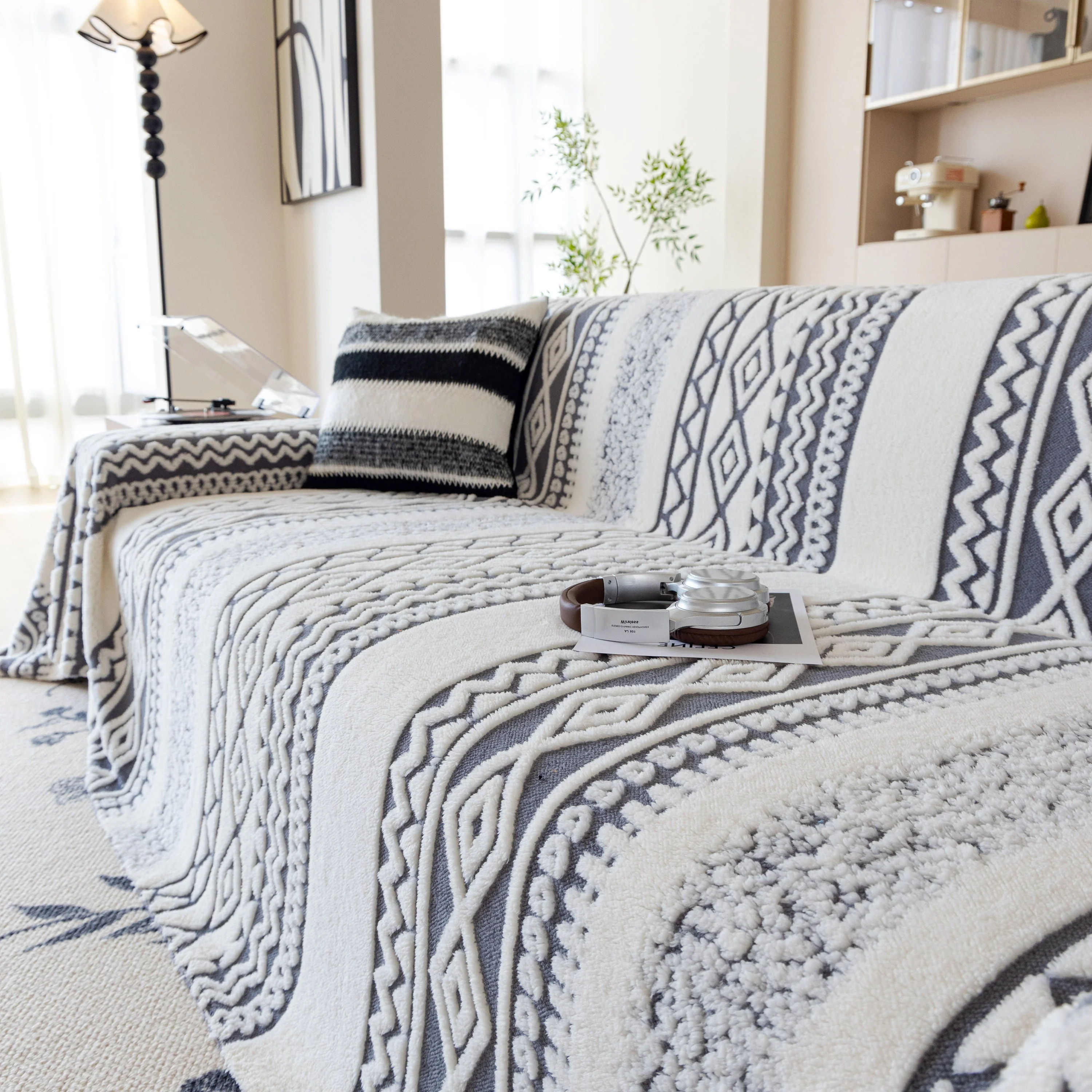 Bohemian Tufted Sofa Cover, Plush Fleece Throw Blanket with 3D Woven Aztec Stripes - Image 43