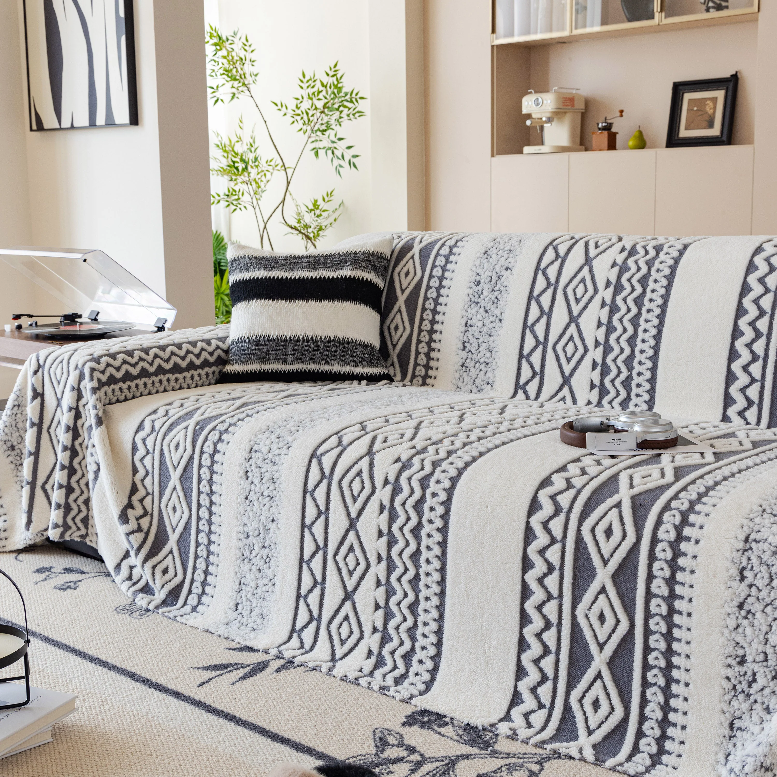 Bohemian Tufted Sofa Cover, Plush Fleece Throw Blanket with 3D Woven Aztec Stripes - Image 44