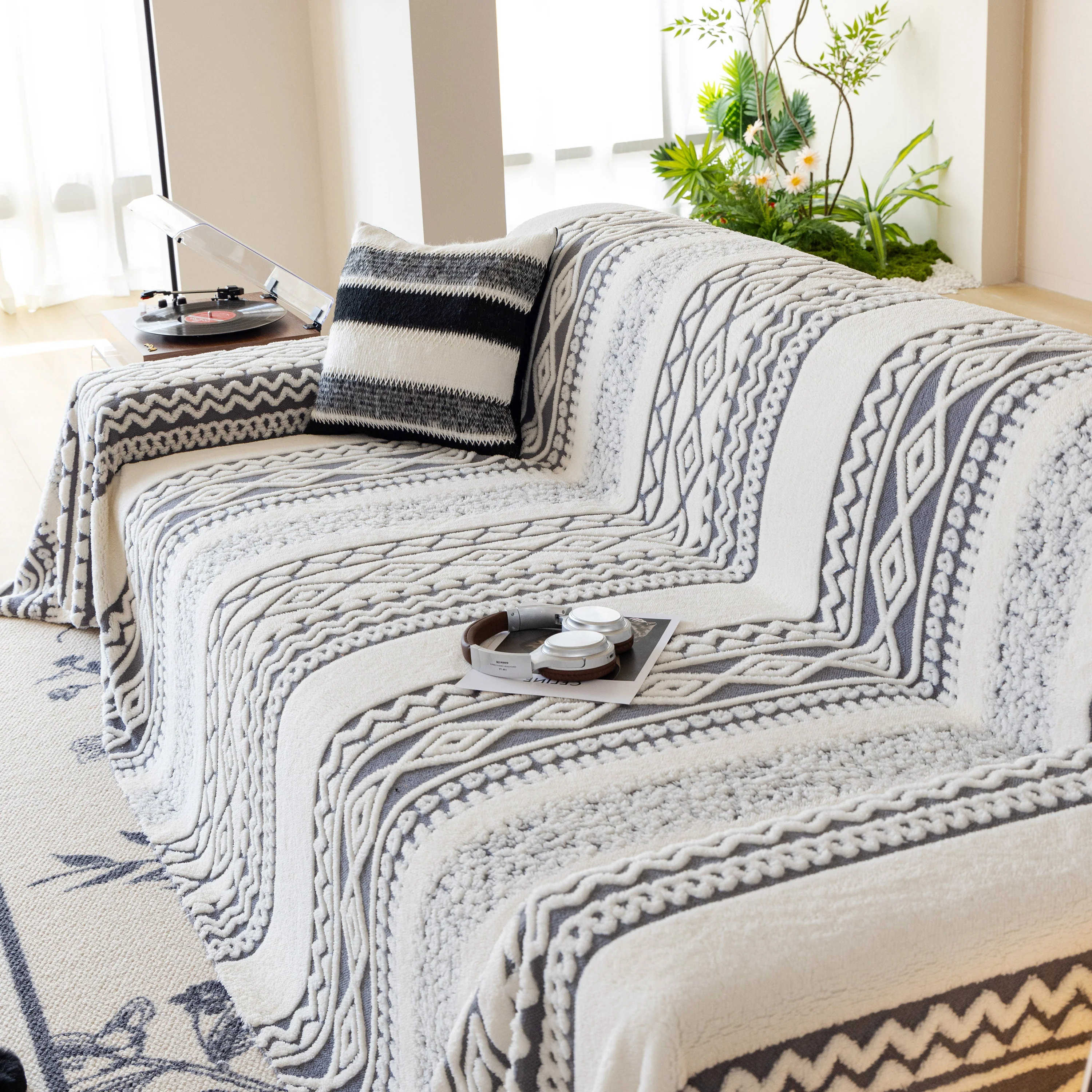 Bohemian Tufted Sofa Cover, Plush Fleece Throw Blanket with 3D Woven Aztec Stripes - Image 45