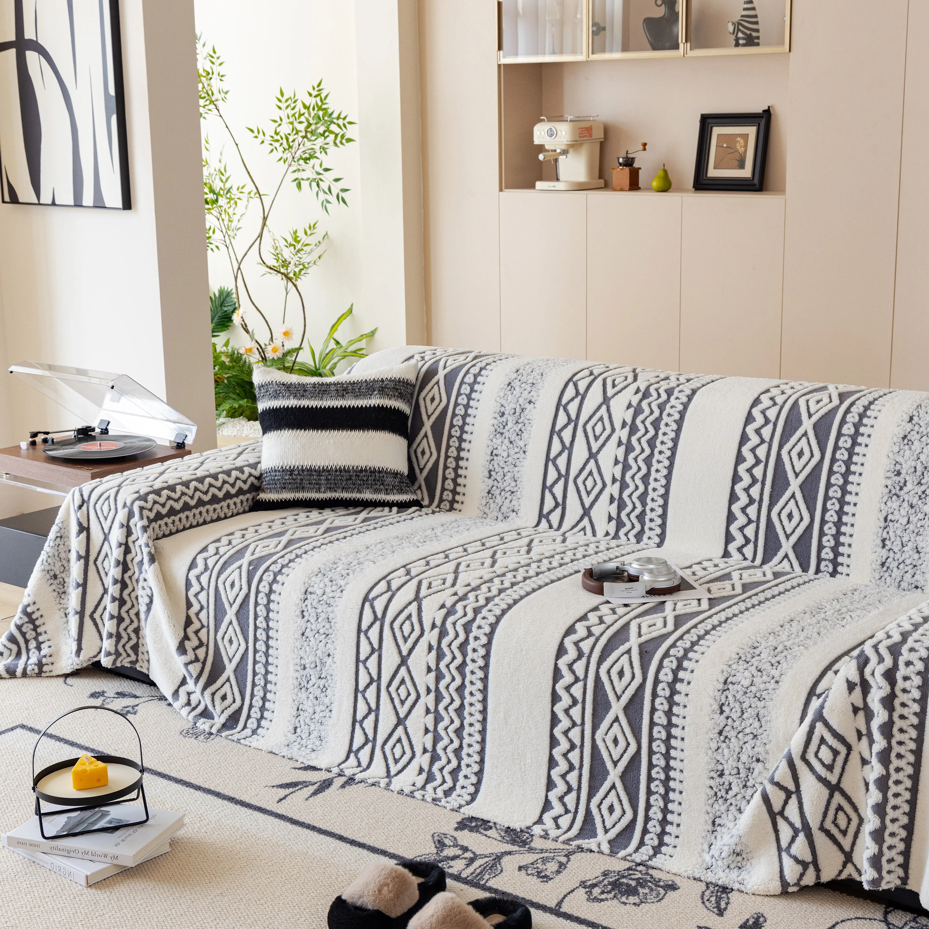 Bohemian Tufted Sofa Cover, Plush Fleece Throw Blanket with 3D Woven Aztec Stripes - Image 46