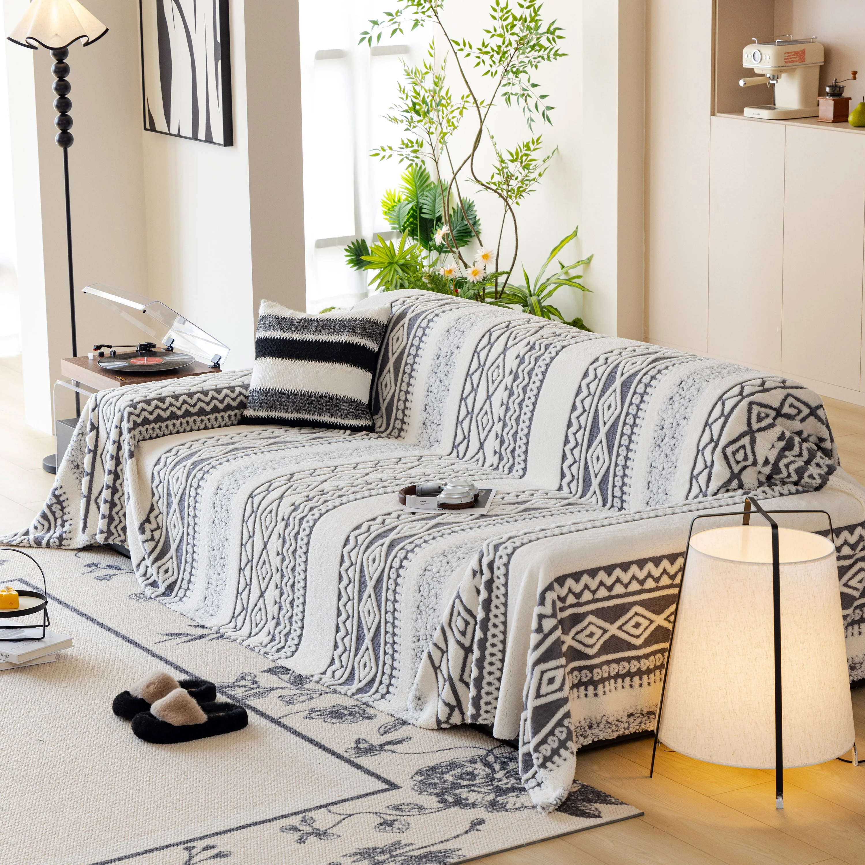 Bohemian Tufted Sofa Cover, Plush Fleece Throw Blanket with 3D Woven Aztec Stripes - Image 47