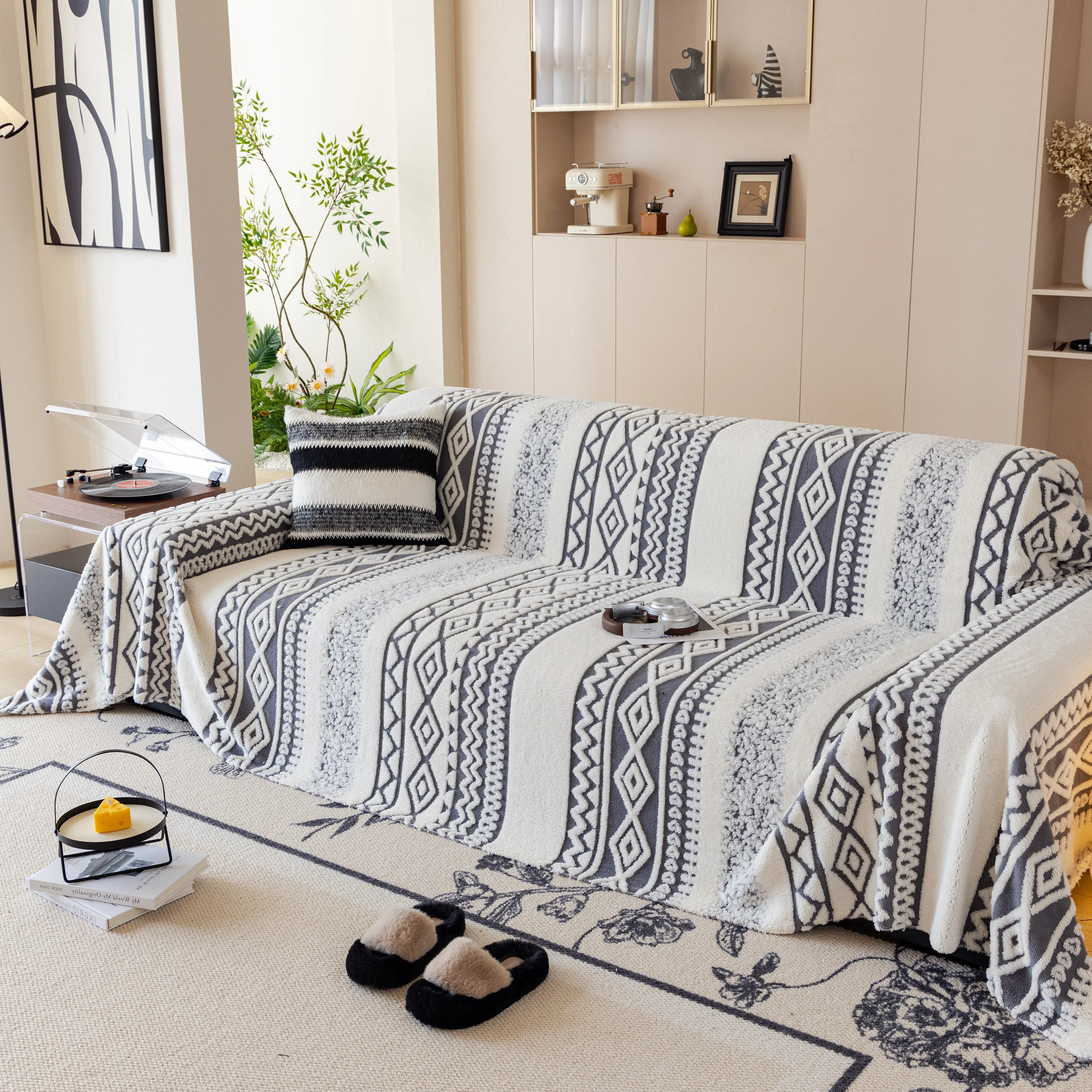 Bohemian Tufted Sofa Cover, Plush Fleece Throw Blanket with 3D Woven Aztec Stripes - Image 48