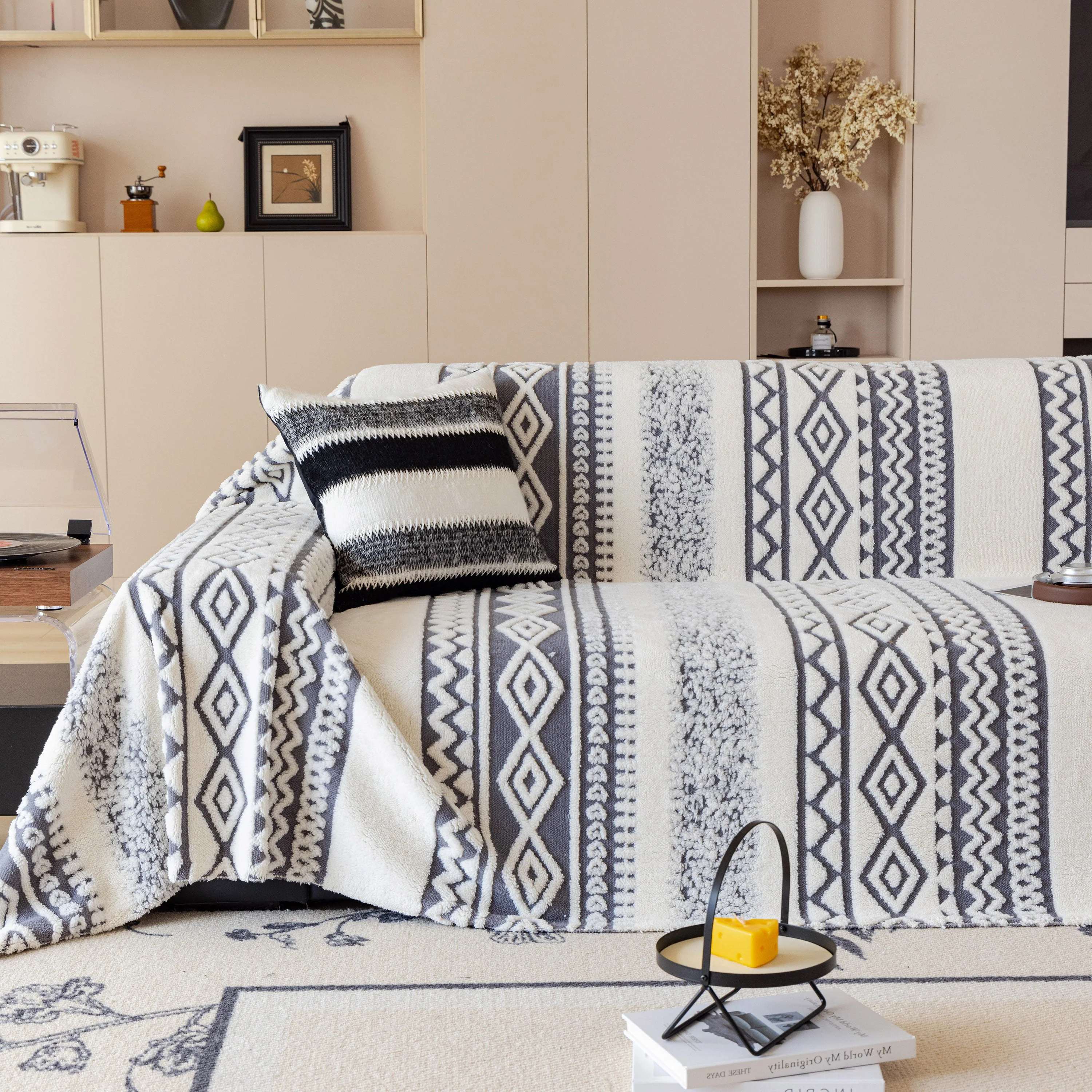 Bohemian Tufted Sofa Cover, Plush Fleece Throw Blanket with 3D Woven Aztec Stripes - Image 49