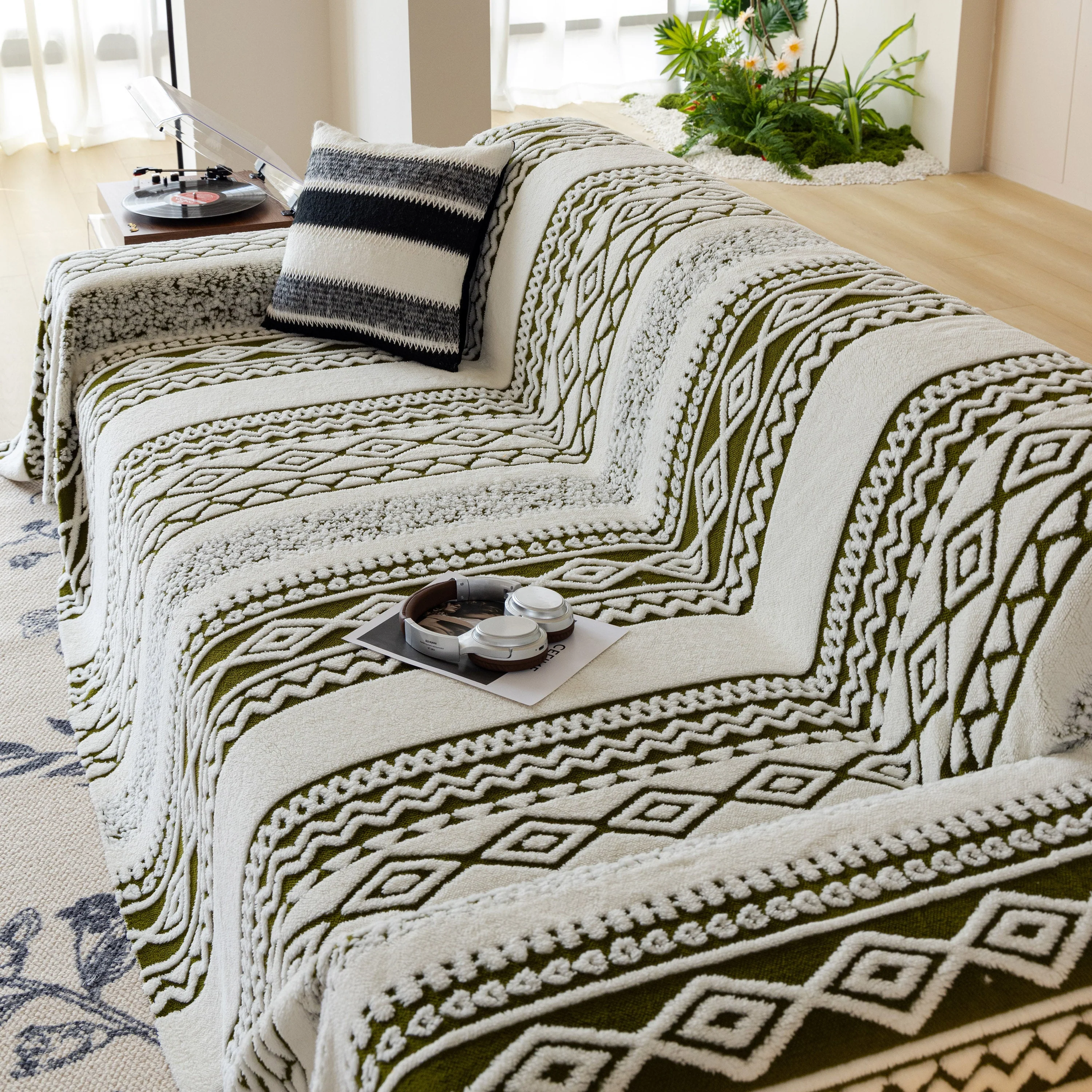 Bohemian Tufted Sofa Cover, Plush Fleece Throw Blanket with 3D Woven Aztec Stripes - Image 5