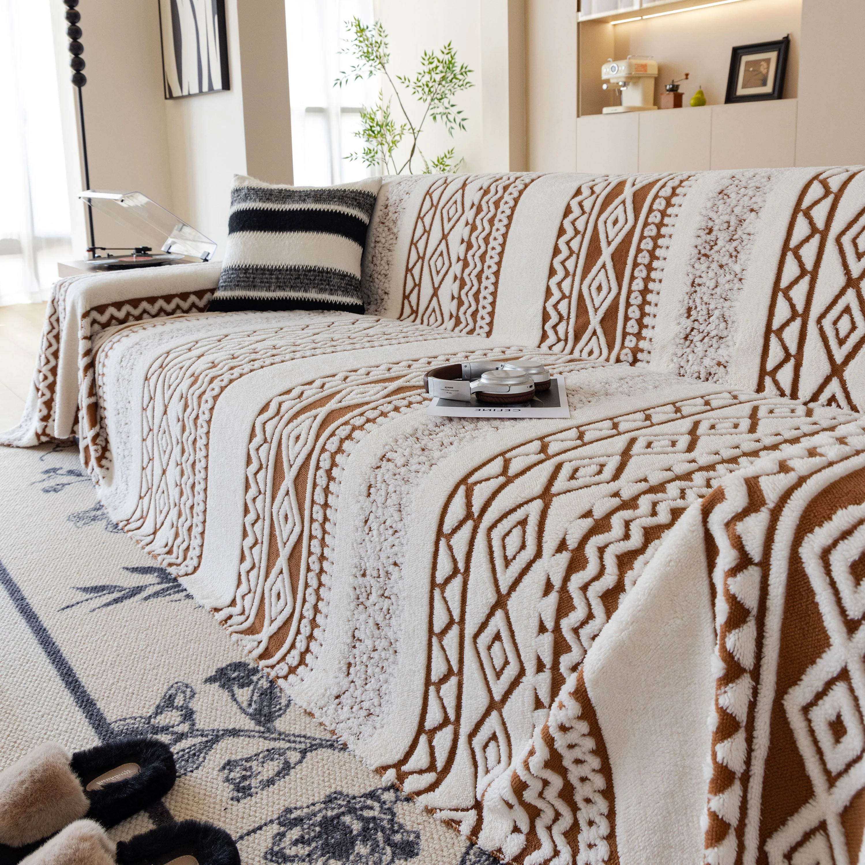 Bohemian Tufted Sofa Cover, Plush Fleece Throw Blanket with 3D Woven Aztec Stripes - Image 50