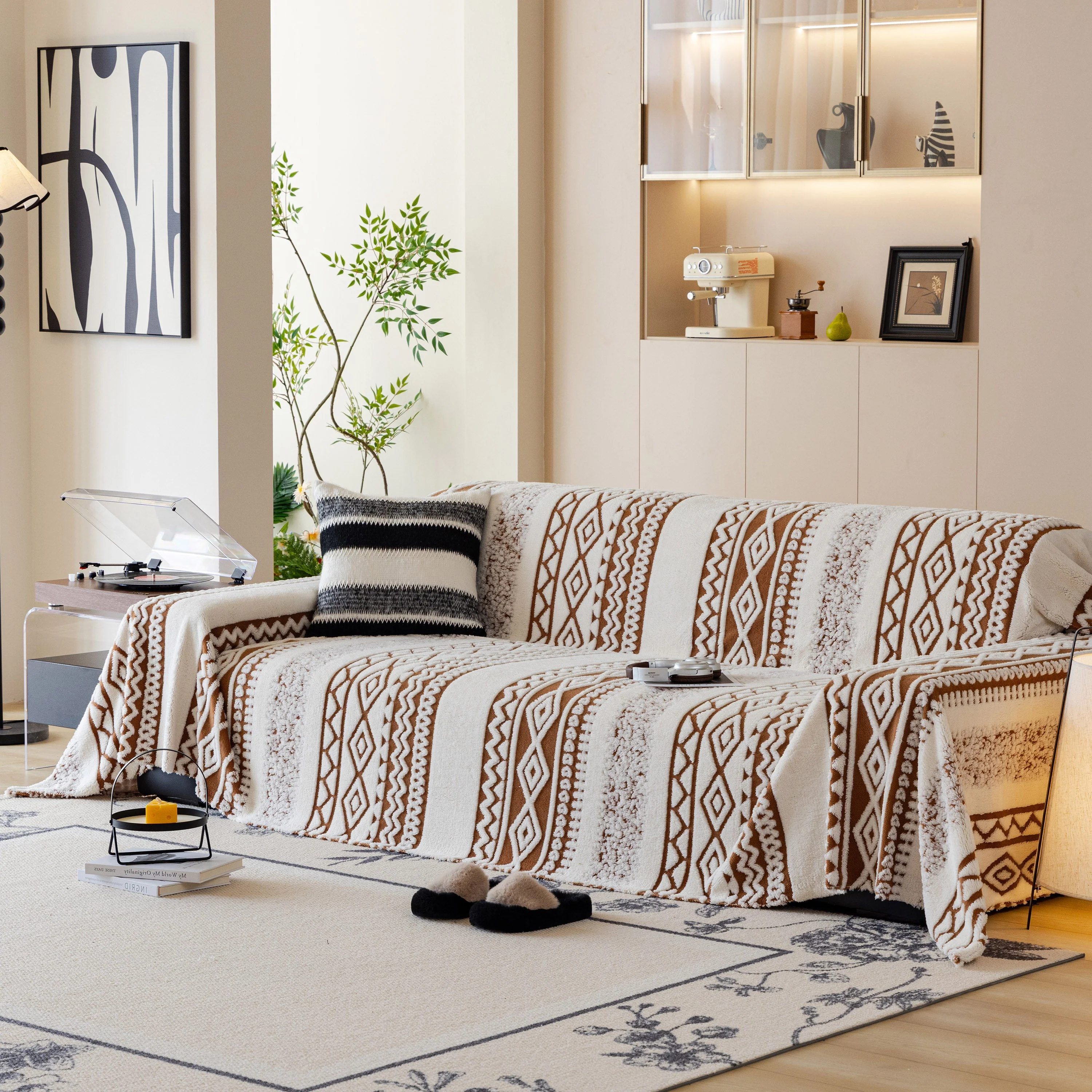 Bohemian Tufted Sofa Cover, Plush Fleece Throw Blanket with 3D Woven Aztec Stripes - Image 51