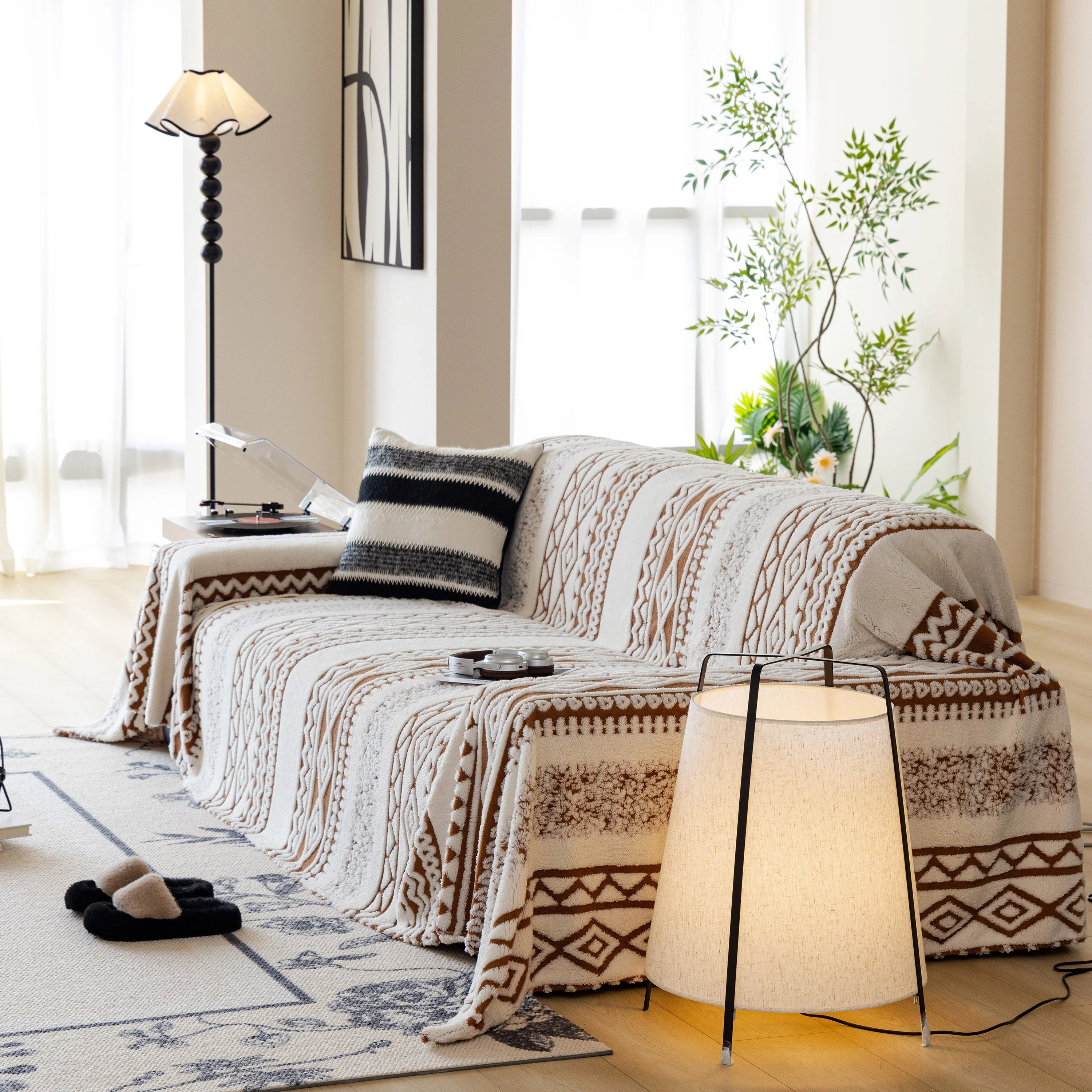 Bohemian Tufted Sofa Cover, Plush Fleece Throw Blanket with 3D Woven Aztec Stripes - Image 53