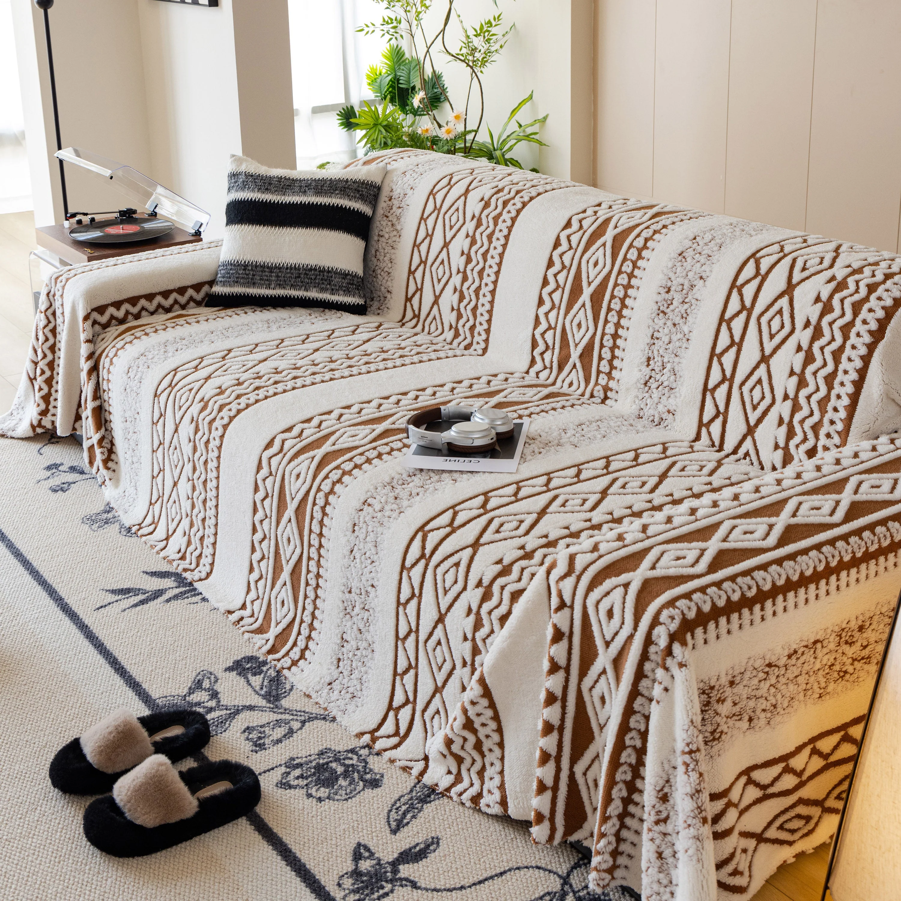 Bohemian Tufted Sofa Cover, Plush Fleece Throw Blanket with 3D Woven Aztec Stripes - Image 54