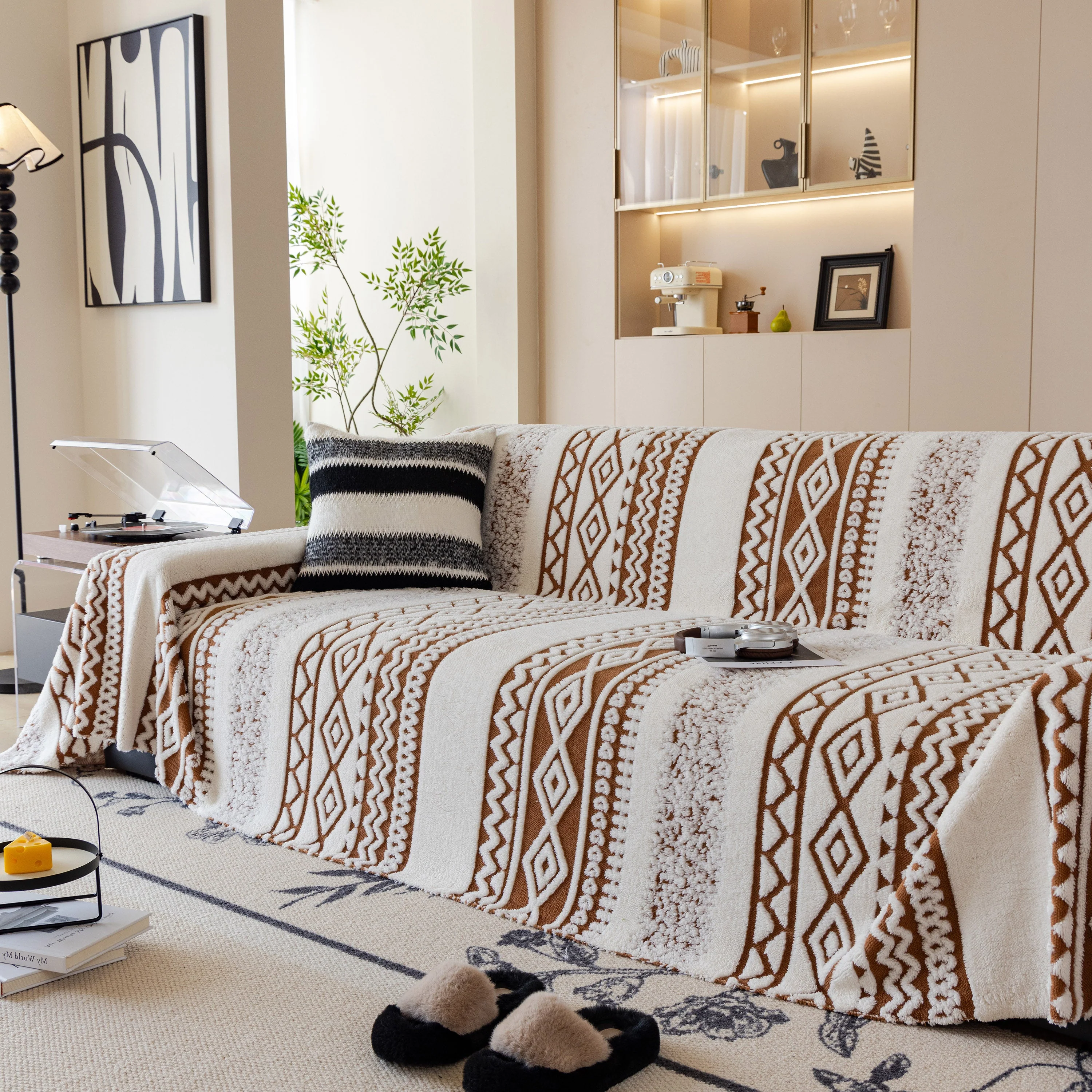 Bohemian Tufted Sofa Cover, Plush Fleece Throw Blanket with 3D Woven Aztec Stripes - Image 55