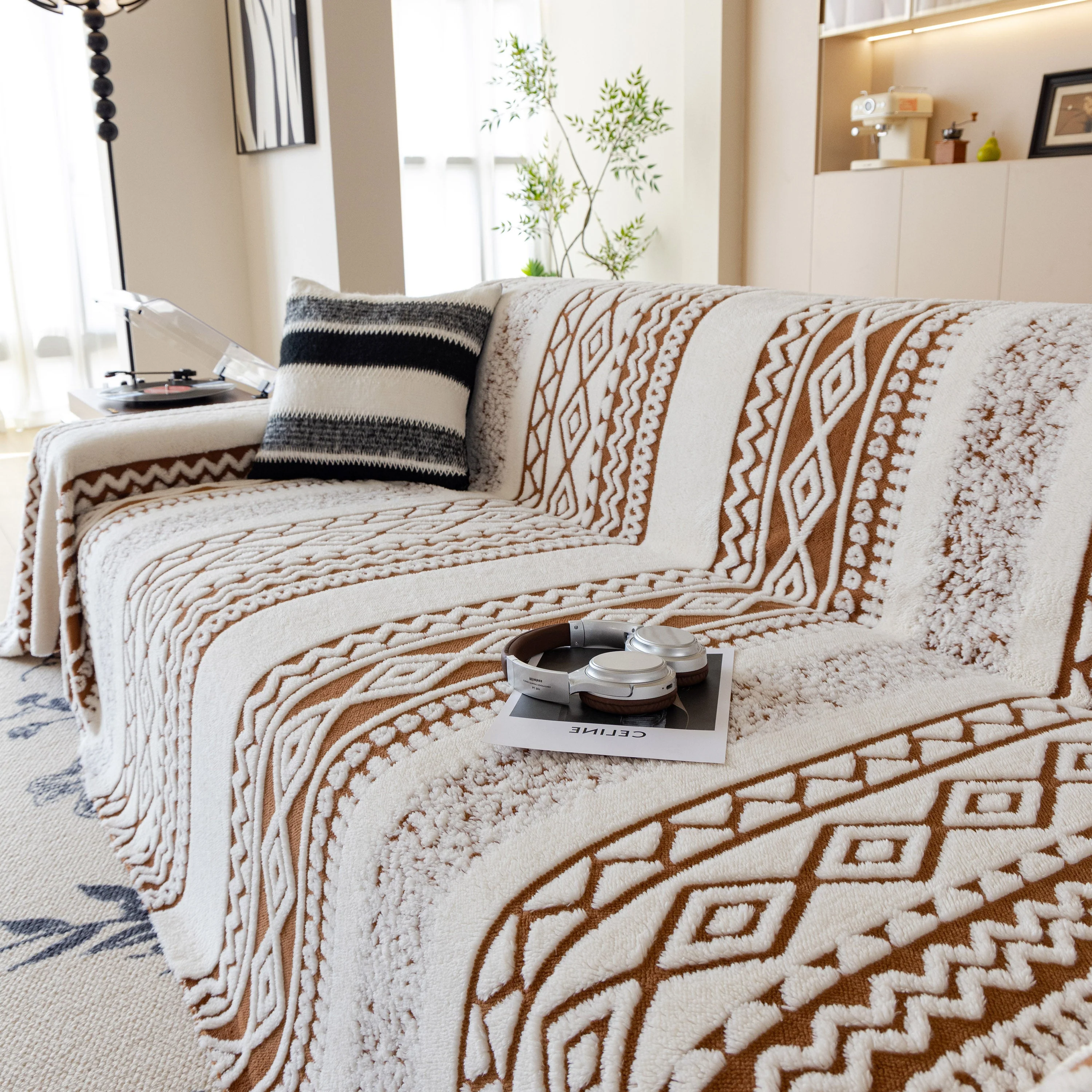 Bohemian Tufted Sofa Cover, Plush Fleece Throw Blanket with 3D Woven Aztec Stripes - Image 56