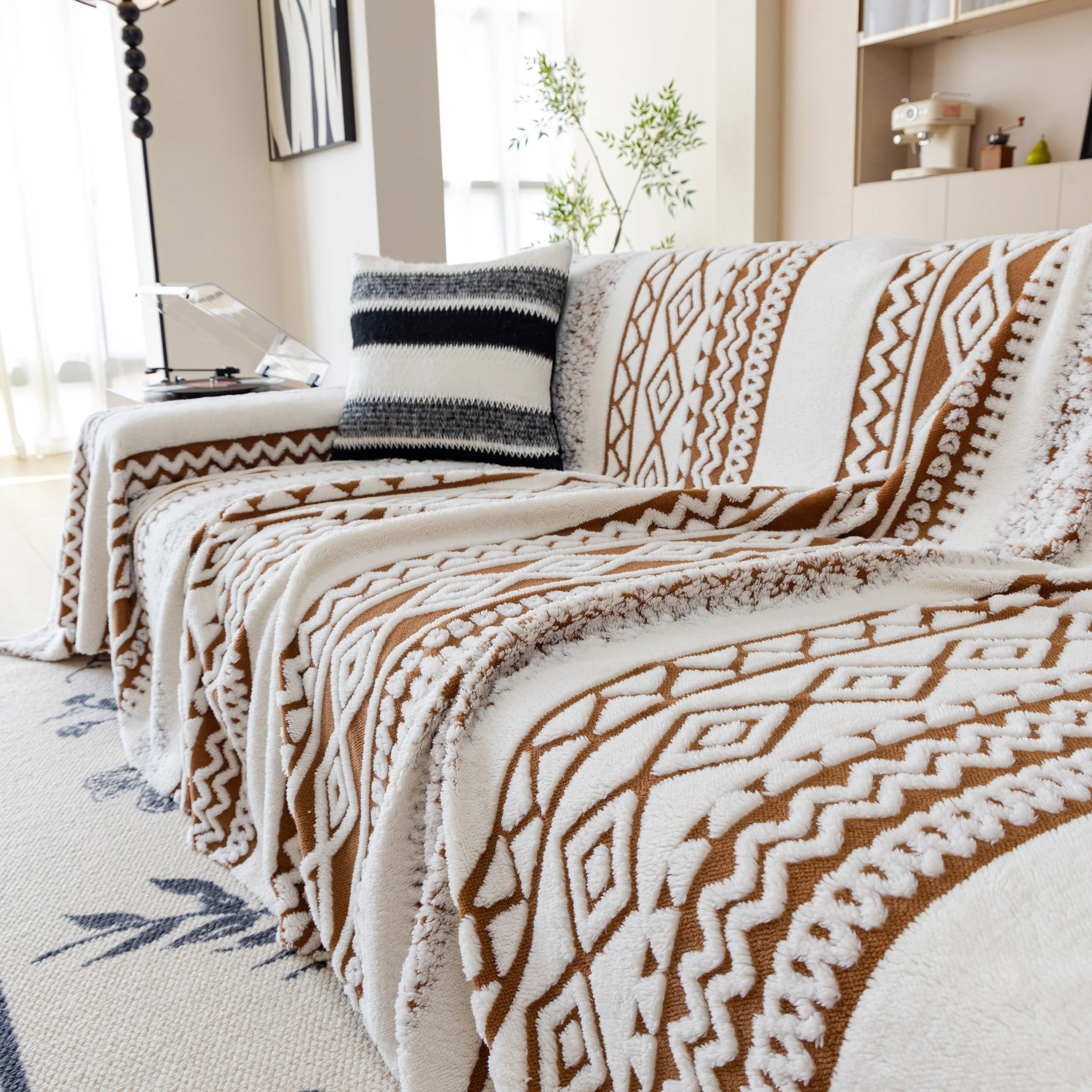 Bohemian Tufted Sofa Cover, Plush Fleece Throw Blanket with 3D Woven Aztec Stripes - Image 62
