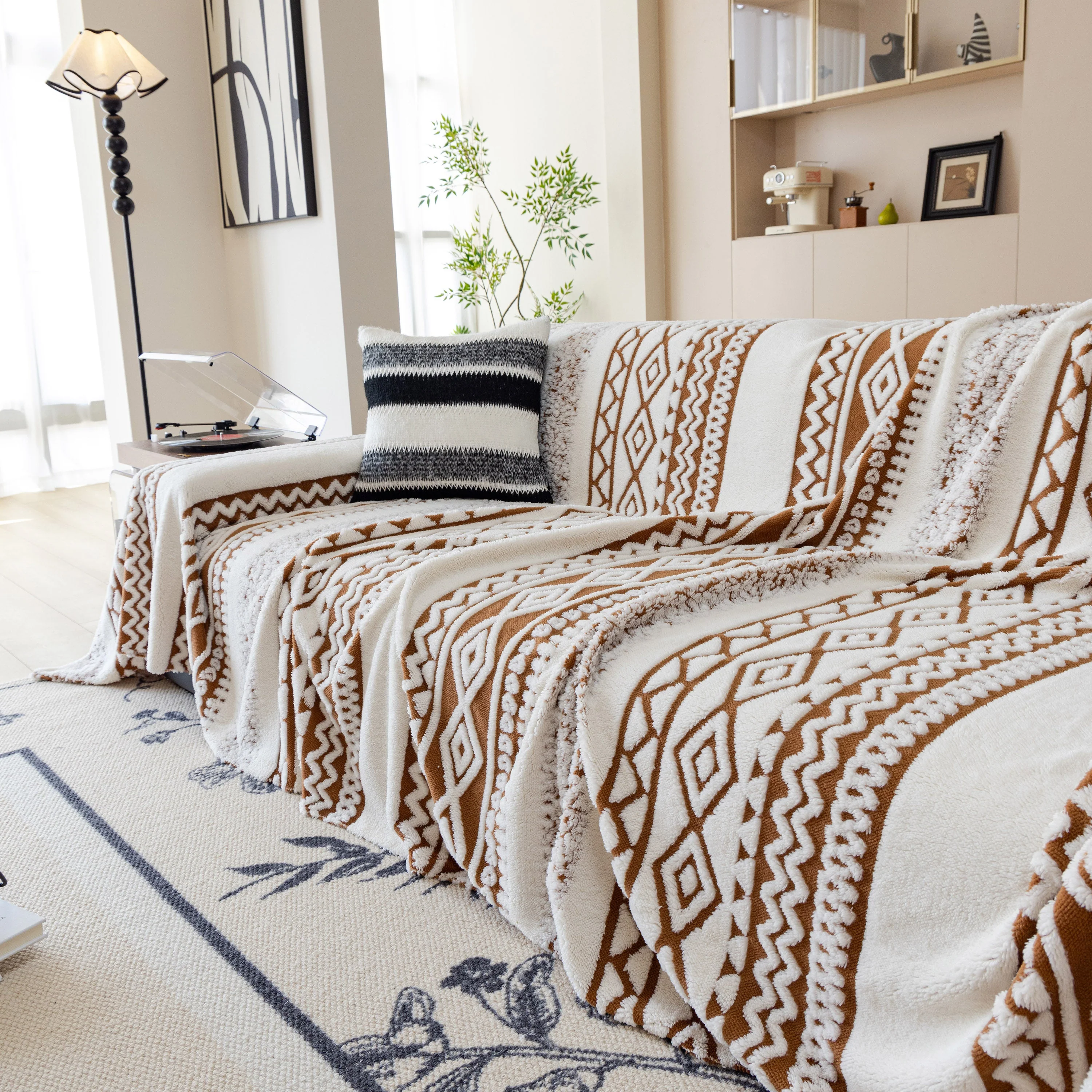 Bohemian Tufted Sofa Cover, Plush Fleece Throw Blanket with 3D Woven Aztec Stripes - Image 63