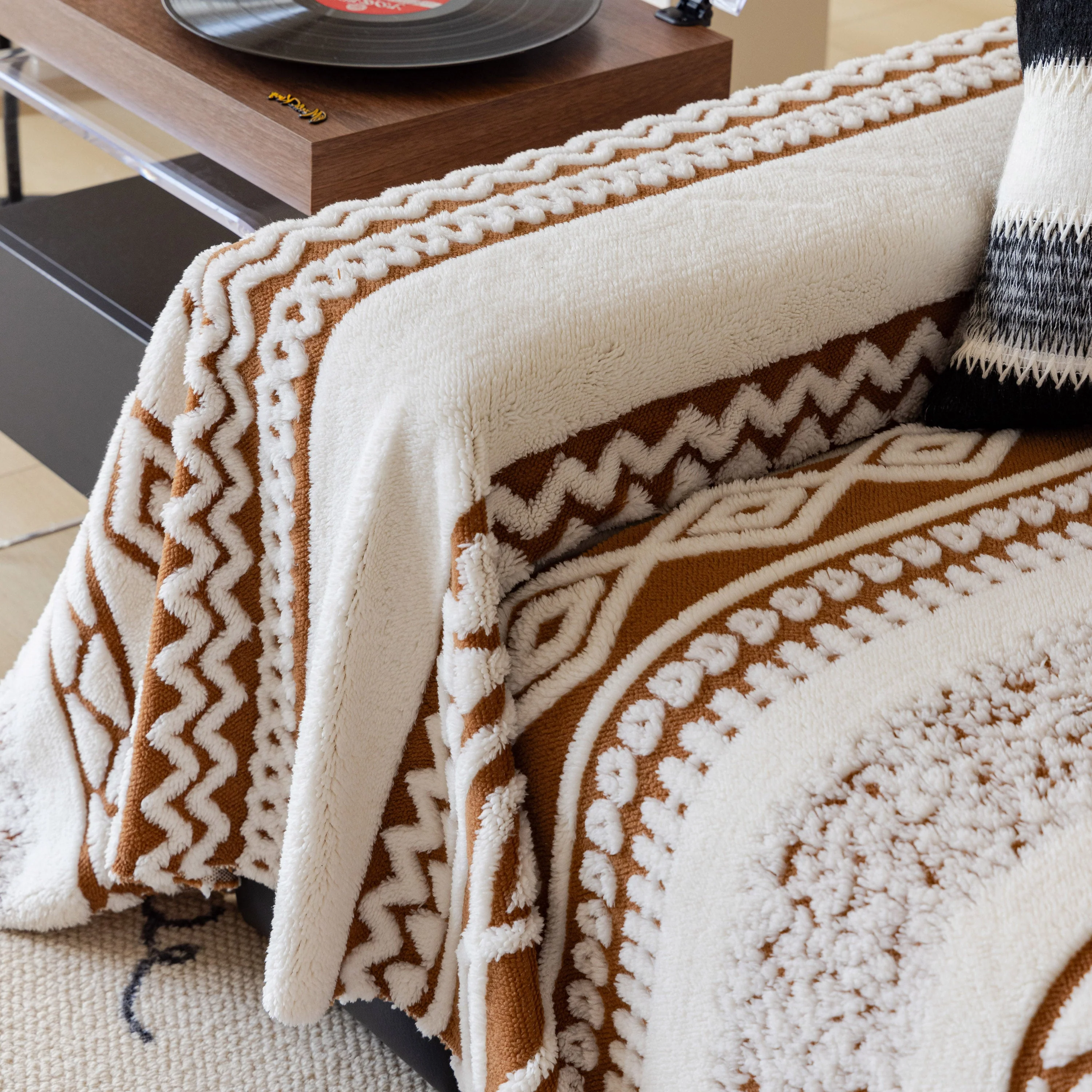 Bohemian Tufted Sofa Cover, Plush Fleece Throw Blanket with 3D Woven Aztec Stripes - Image 64