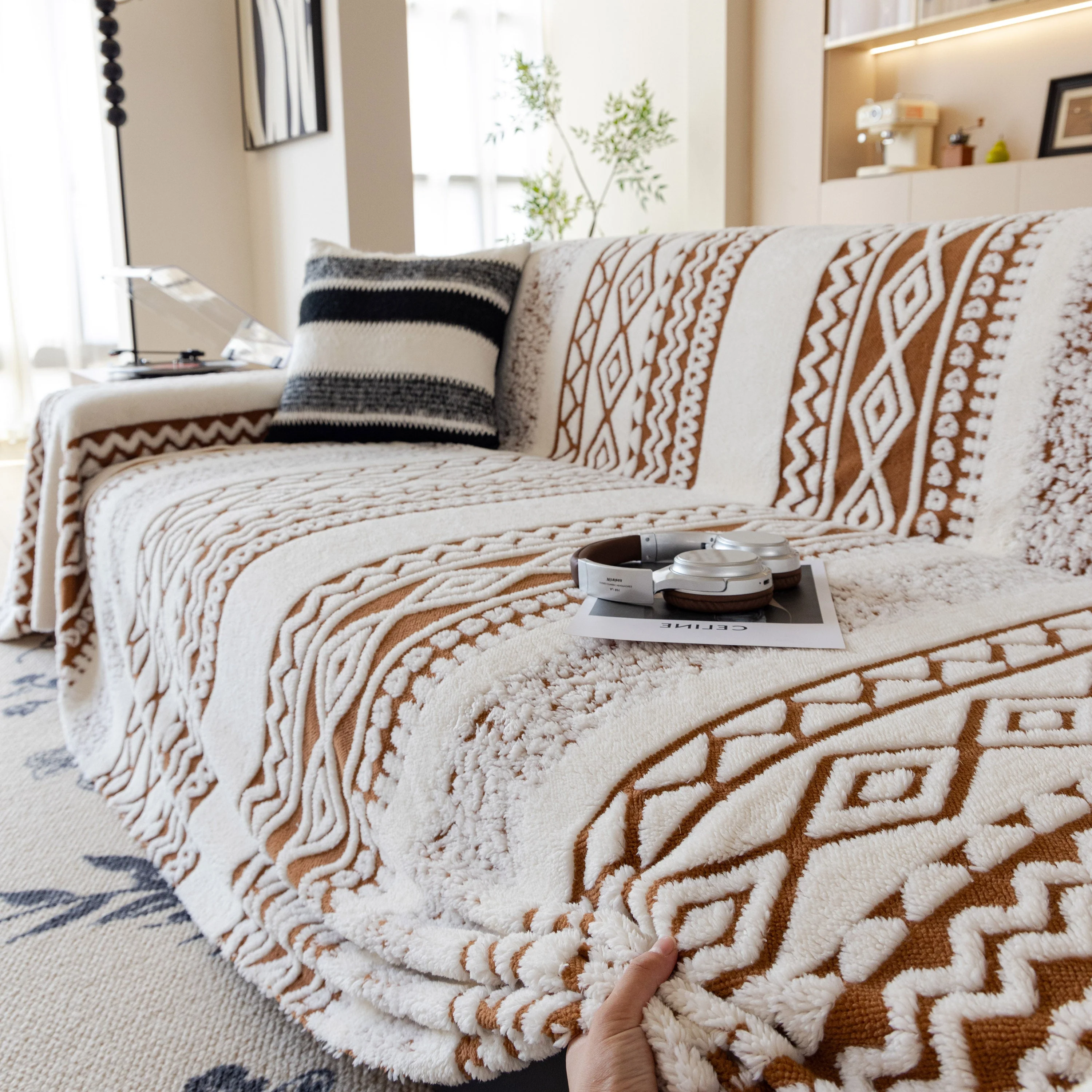 Bohemian Tufted Sofa Cover, Plush Fleece Throw Blanket with 3D Woven Aztec Stripes - Image 67