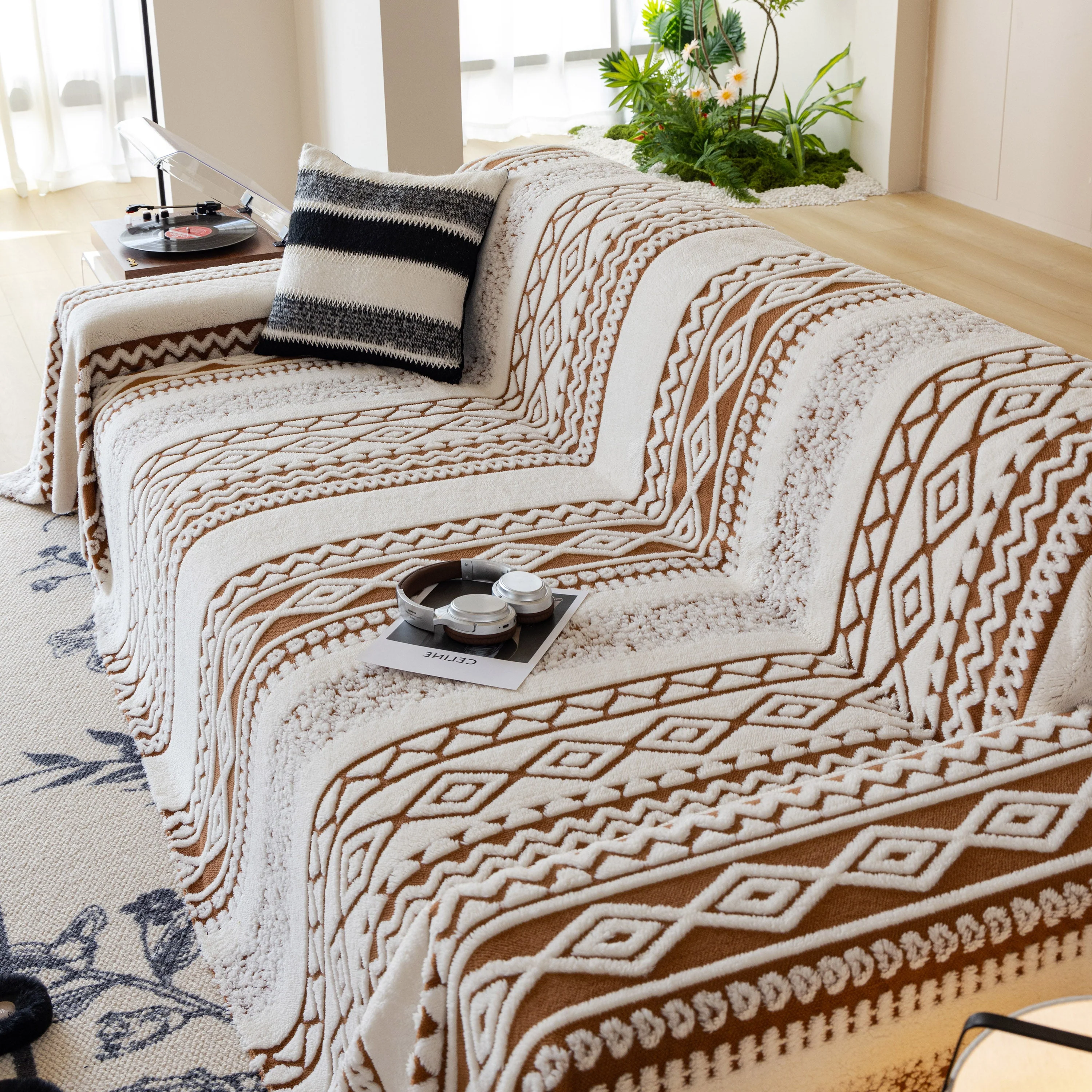Bohemian Tufted Sofa Cover, Plush Fleece Throw Blanket with 3D Woven Aztec Stripes - Image 68