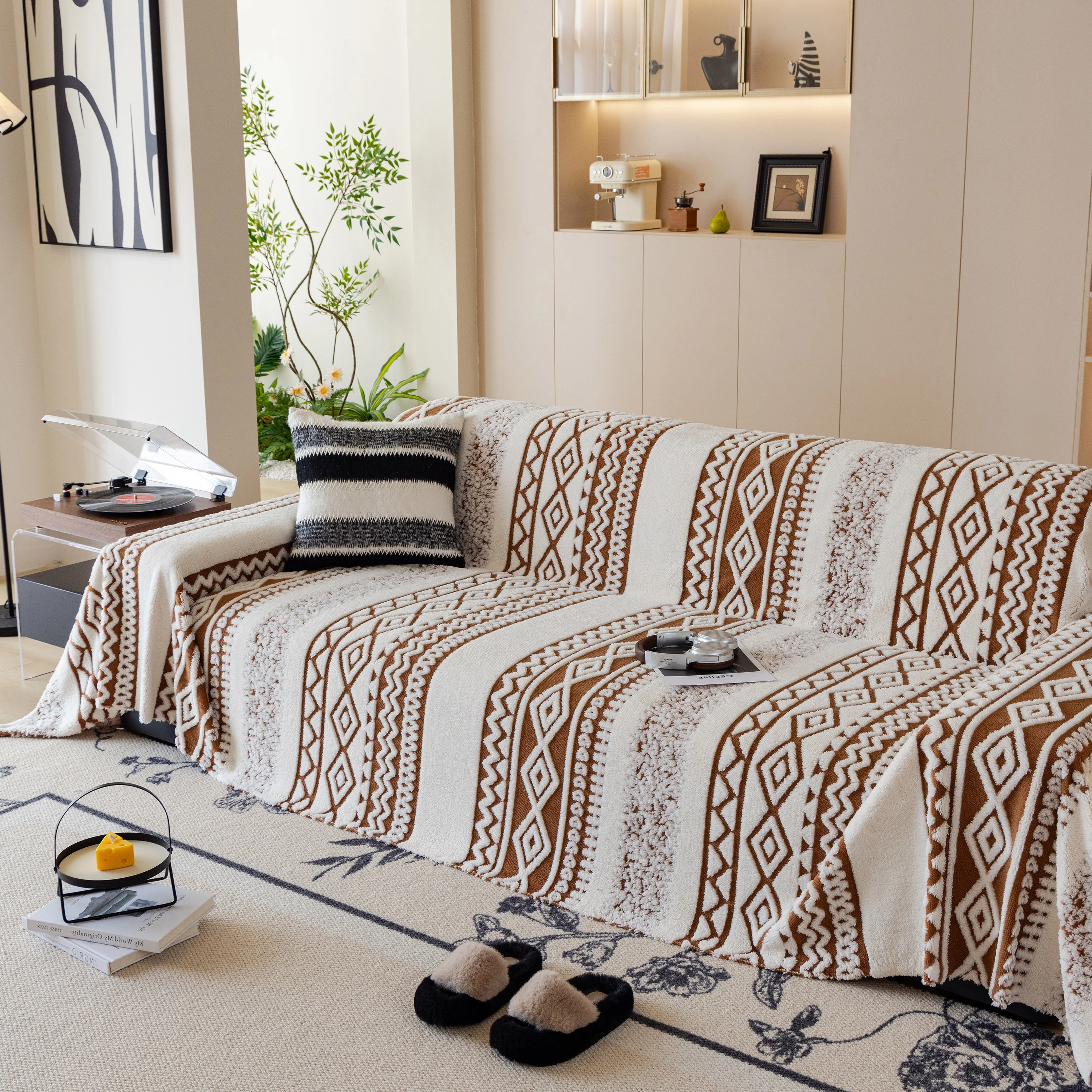 Bohemian Tufted Sofa Cover, Plush Fleece Throw Blanket with 3D Woven Aztec Stripes - Image 69